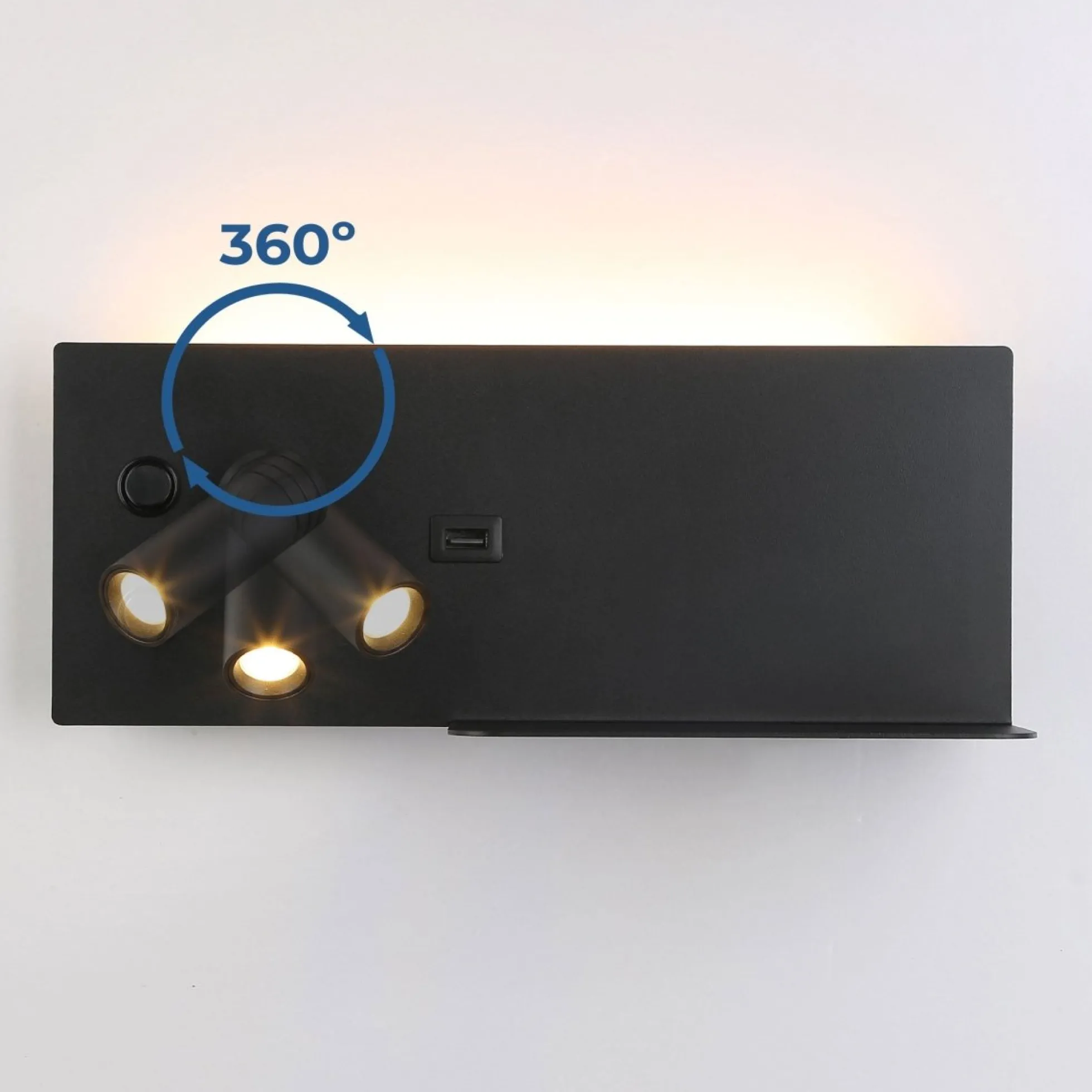Aplique de pared para lectura con puerto USB "Kerta" - Iluminación doble - 3W+7W, lado izquierdo