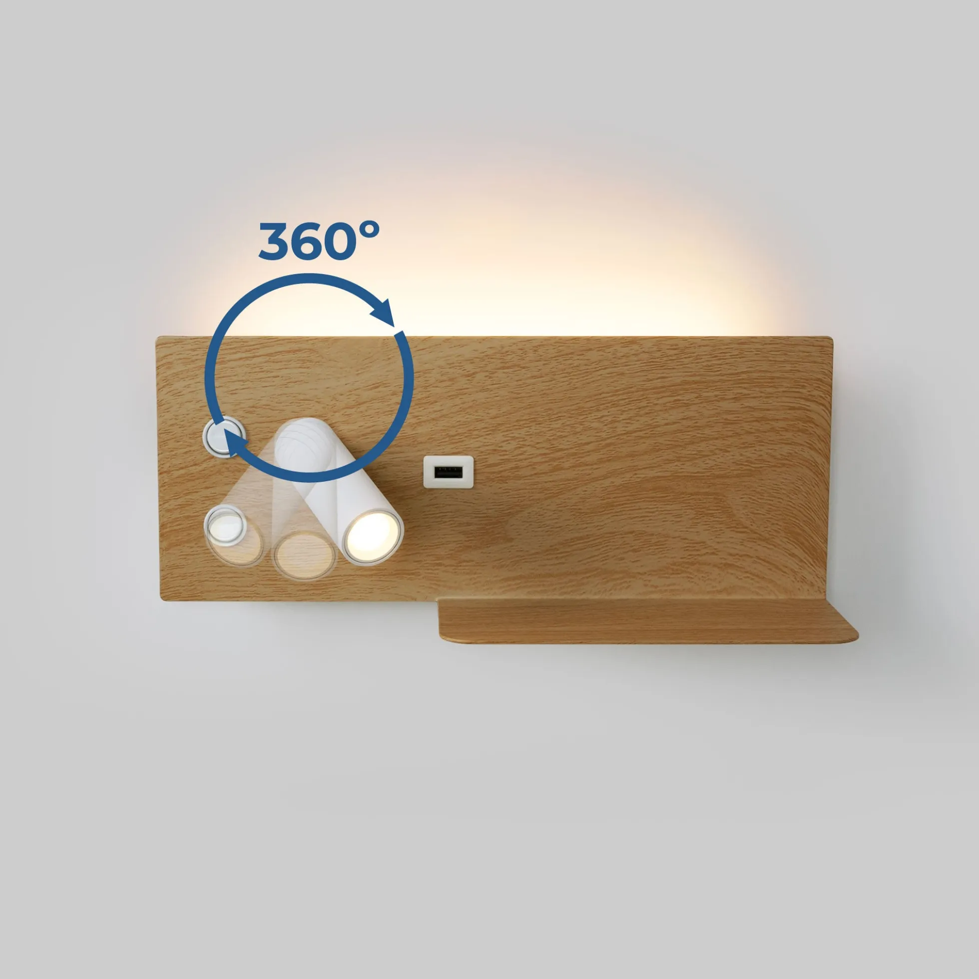 Aplique de pared para lectura con puerto USB "Kerta" - Iluminación doble - 3W+7W, lado izquierdo
