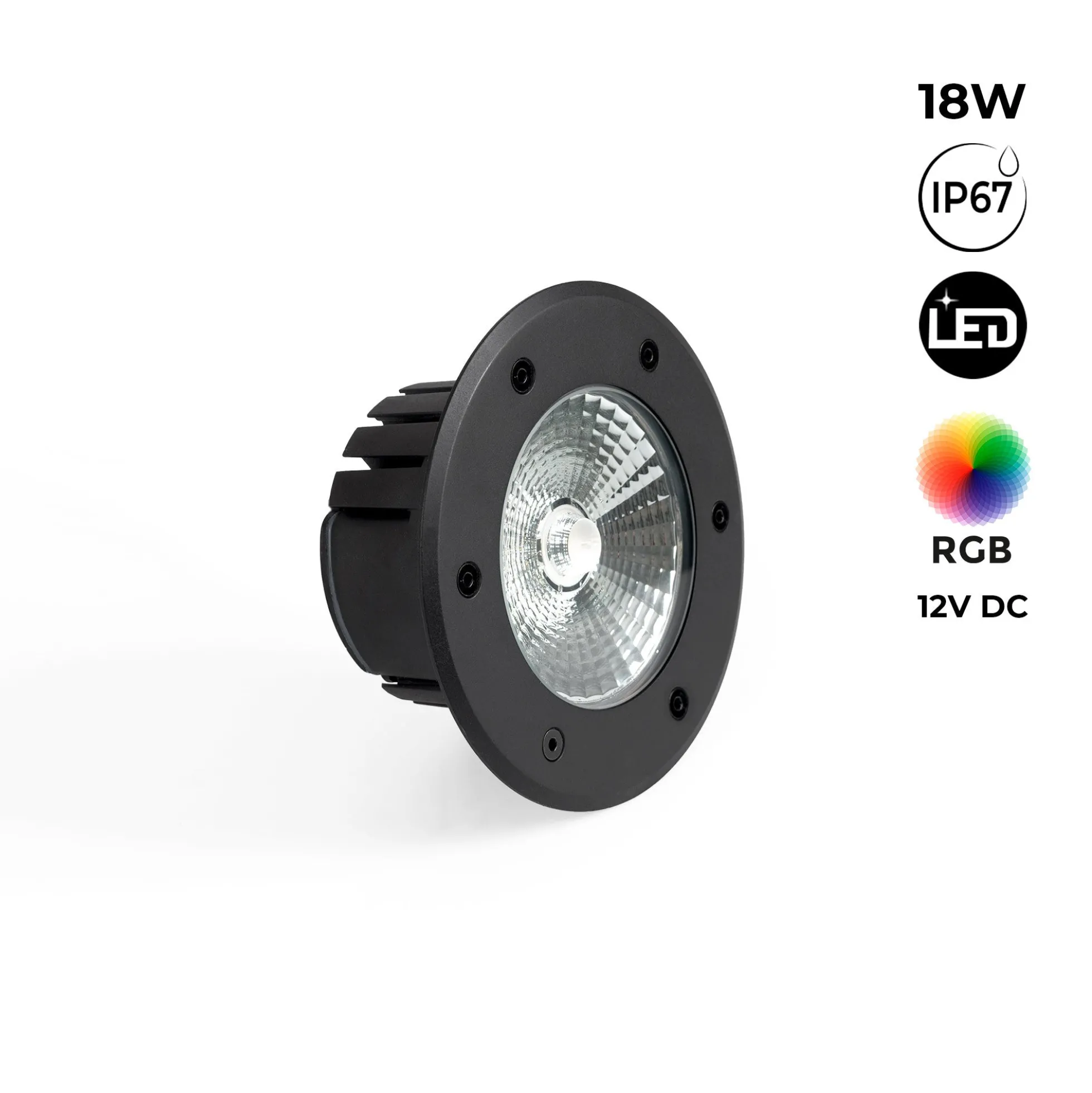Baliza LED exterior suelo 18W - 12V DC - IP67 - Ø15cm -30º - RGB/3000K