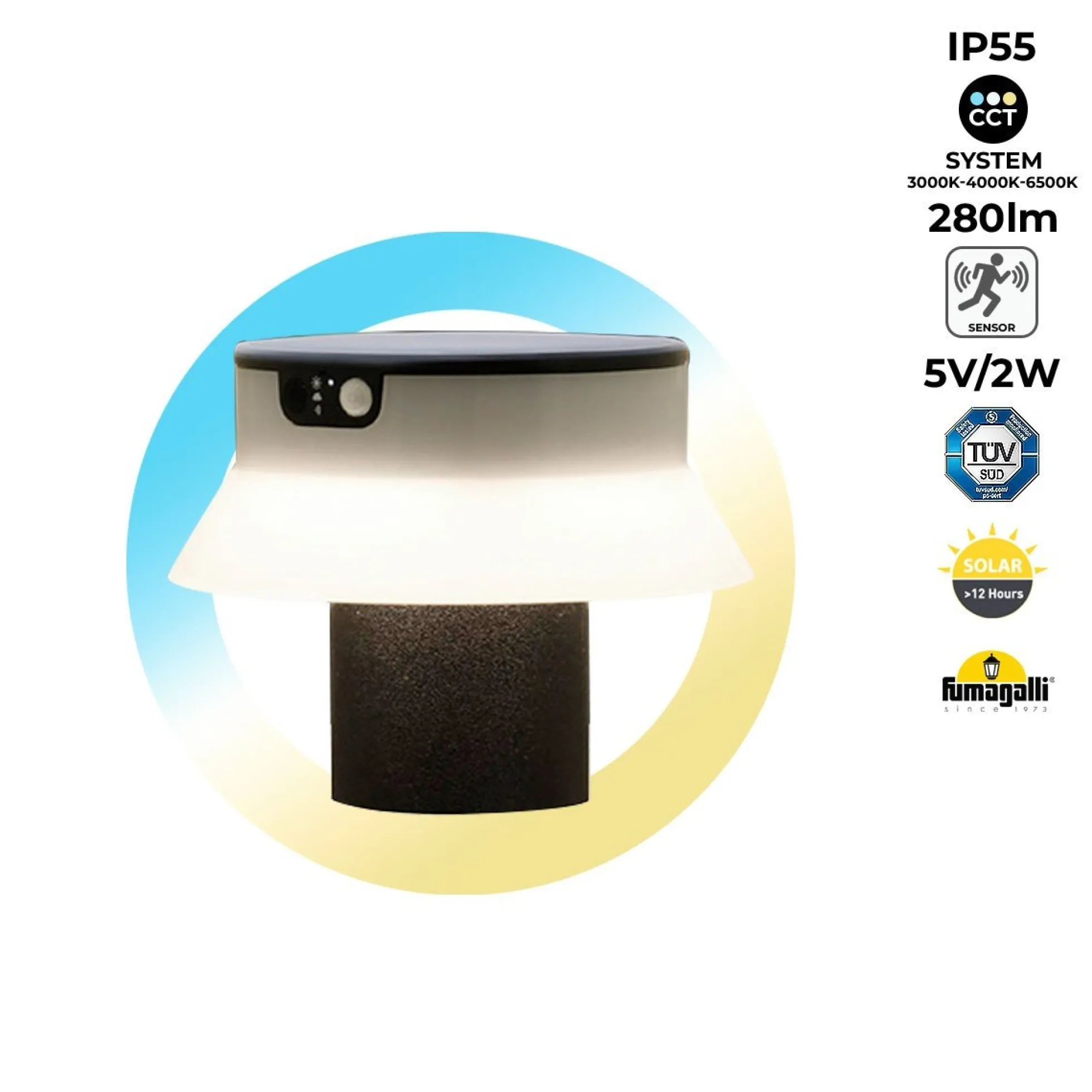 Bolardo solar LED "FELICE 200" 18cm con sensor PIR - 3 modos de funcionamiento - CCT