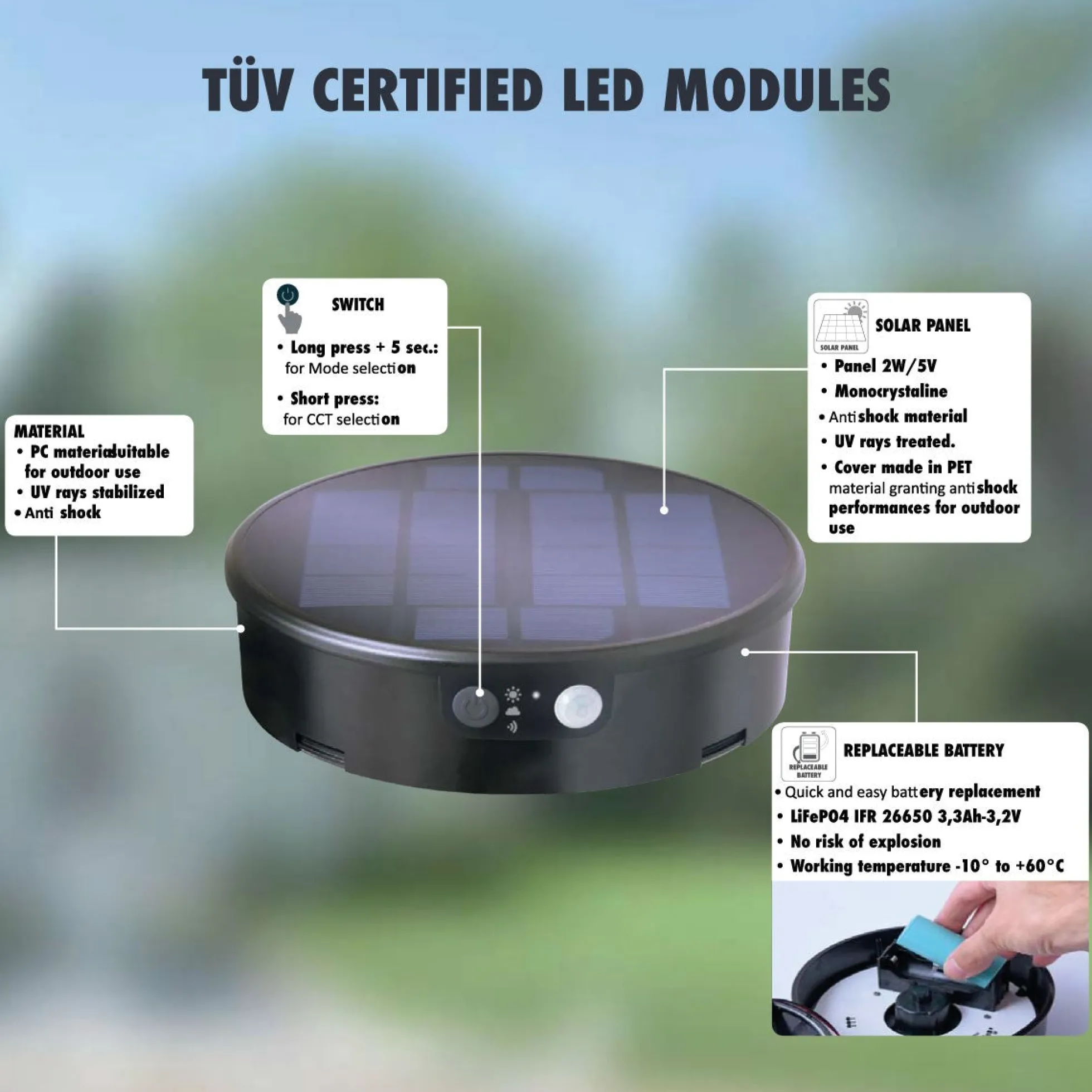 Bolardo solar LED "FELICE 200" 18cm con sensor PIR - 3 modos de funcionamiento - CCT