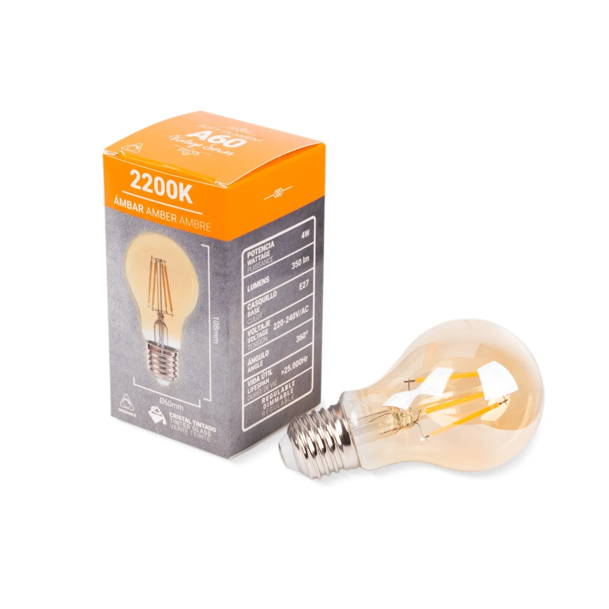 Bombilla filamento LED vintage ámbar - Regulable - E27 A60 - 4W