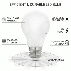 Bombilla LED A60 E27 Opal Milky 8W — Luz Cálida 3000K, 950 lm, 360° | 25.000 h de Vida Útil