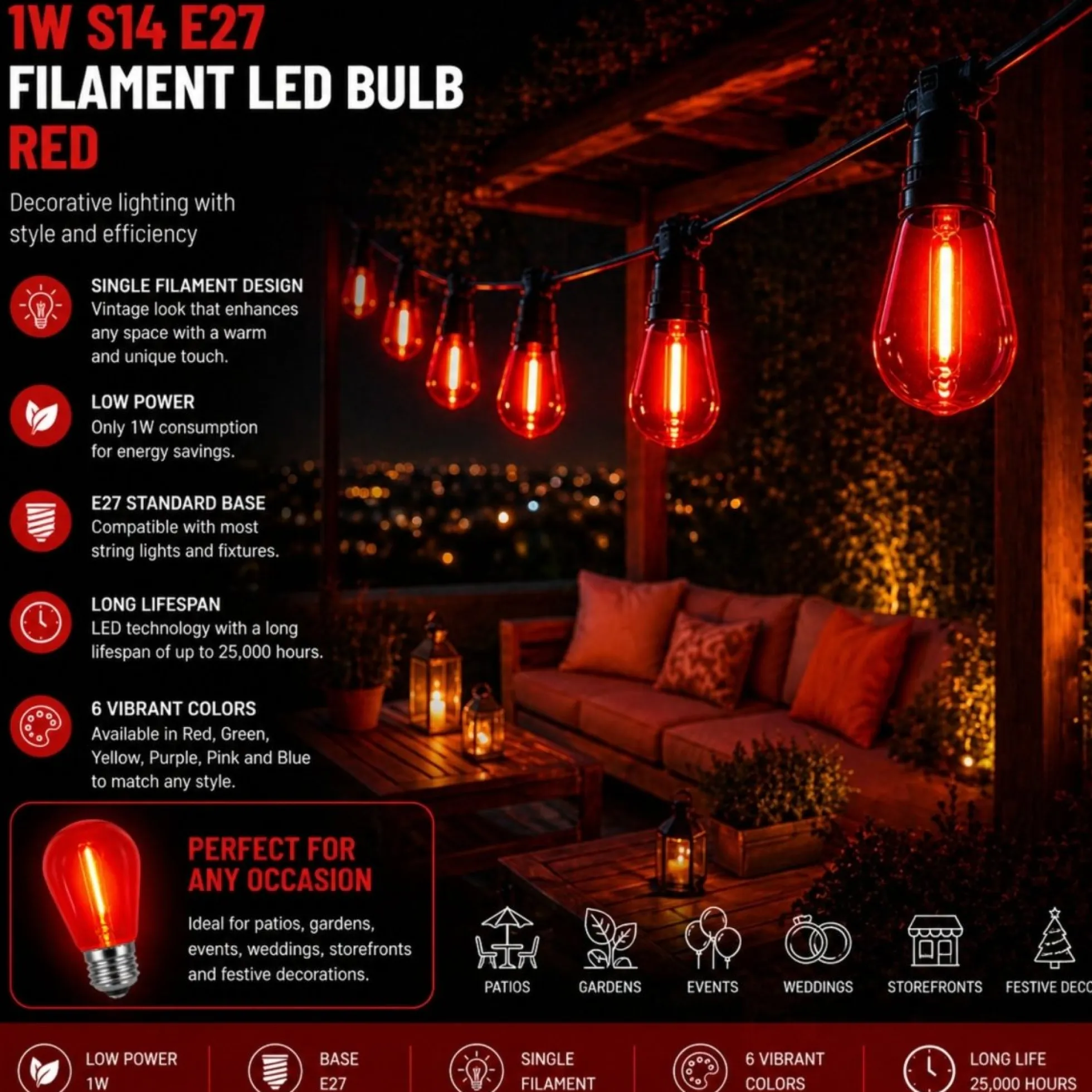 Bombilla LED Filamento - S14 E27 - 1W - Cristal de colores