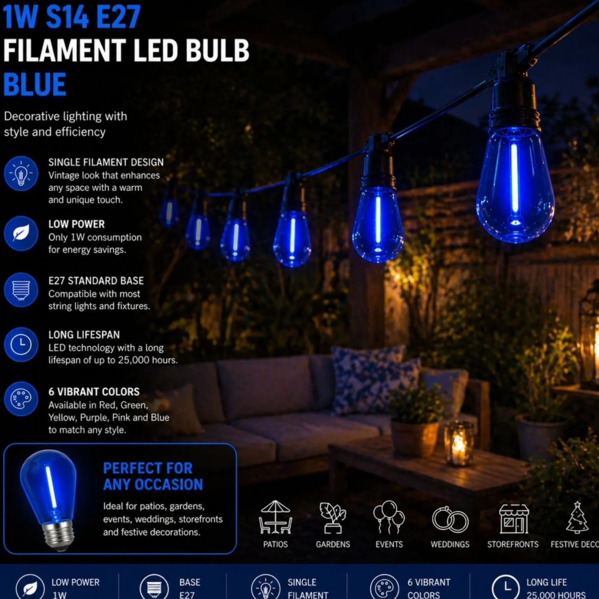Bombilla LED Filamento - S14 E27 - 1W - Cristal de colores