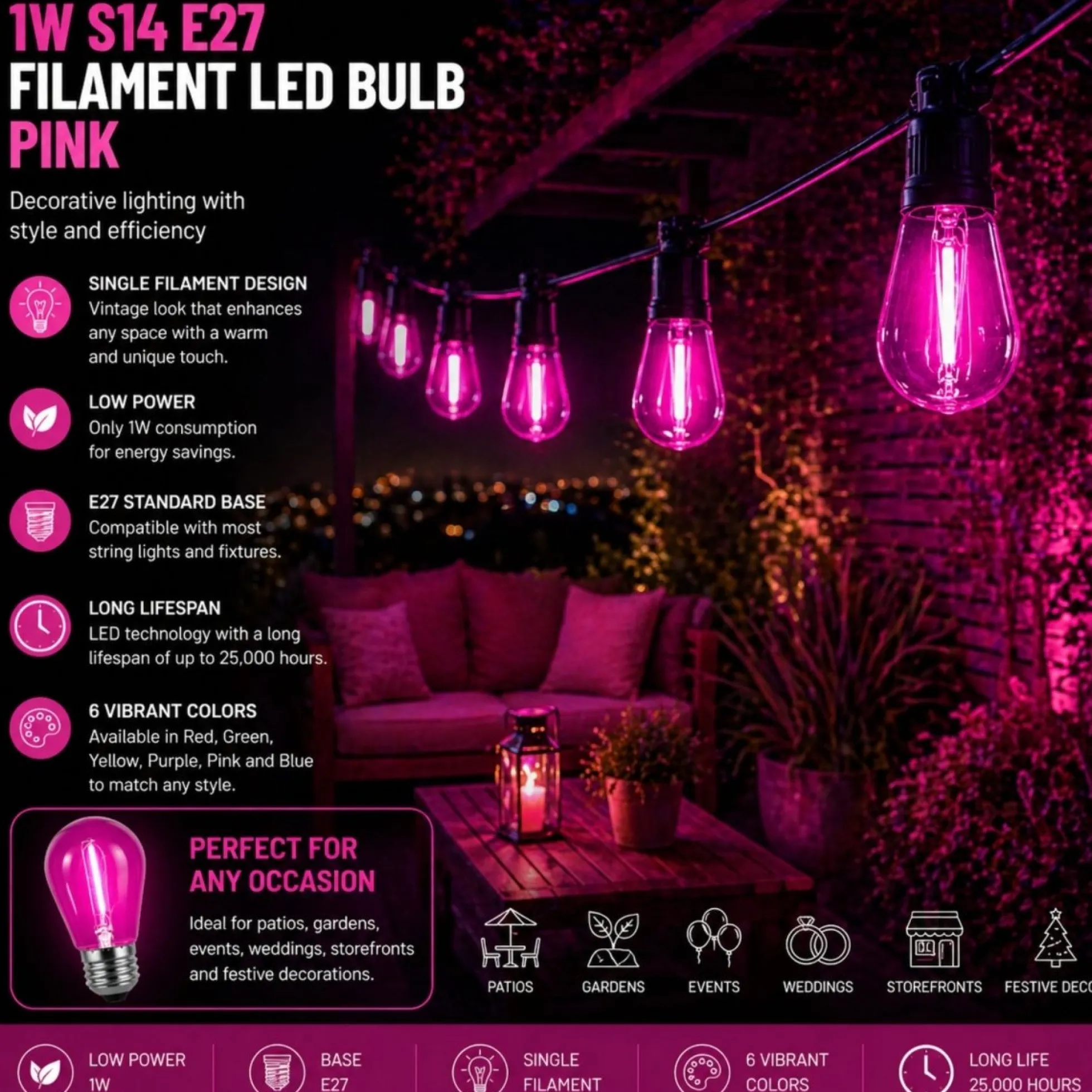 Bombilla LED Filamento - S14 E27 - 1W - Cristal de colores