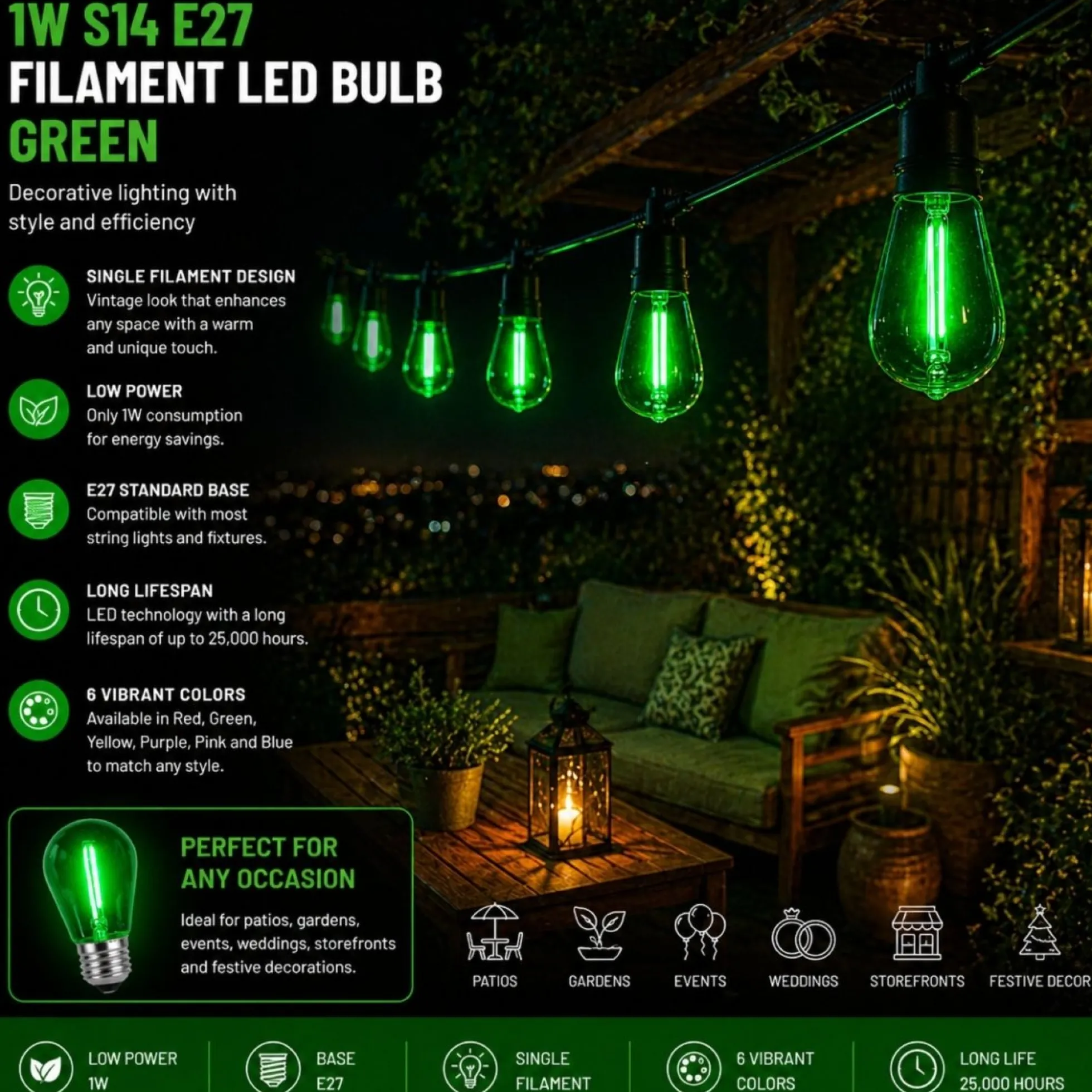 Bombilla LED Filamento - S14 E27 - 1W - Cristal de colores