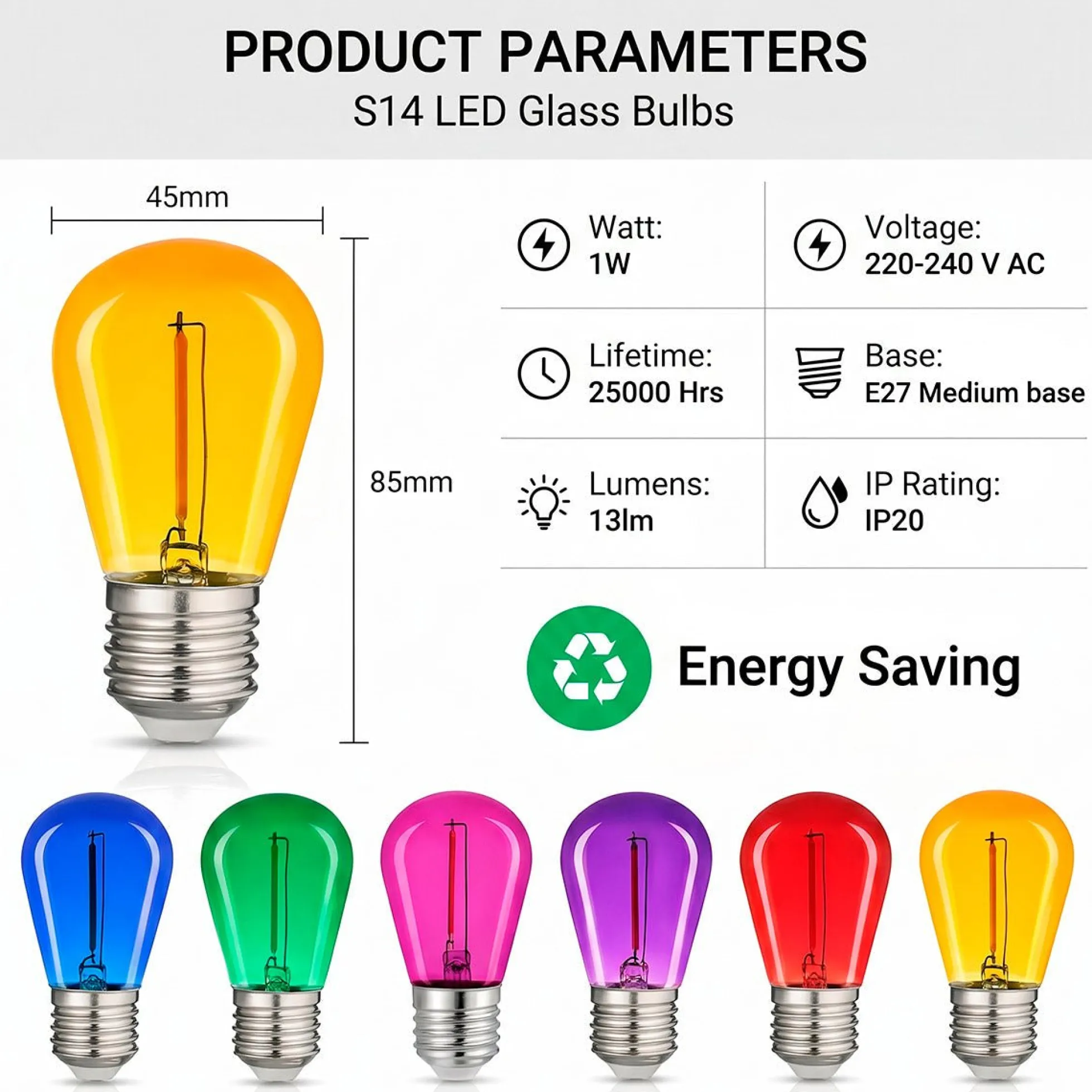 Bombilla LED Filamento - S14 E27 - 1W - Cristal de colores