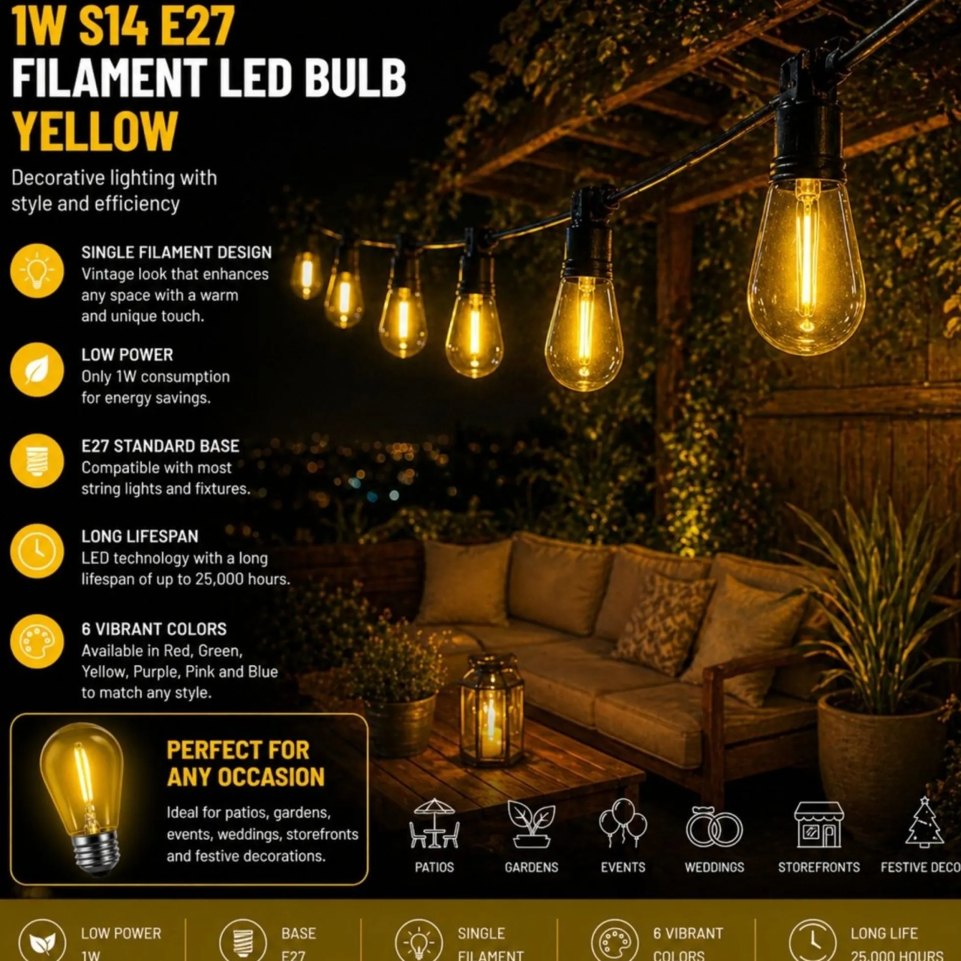 Bombilla LED Filamento - S14 E27 - 1W - Cristal de colores