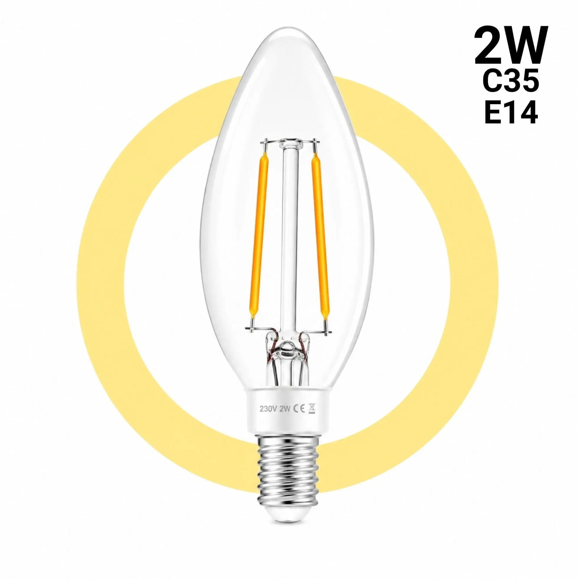 Bombilla LED filamento Vela - E14 C35 - 2W - 3000K - Transparente