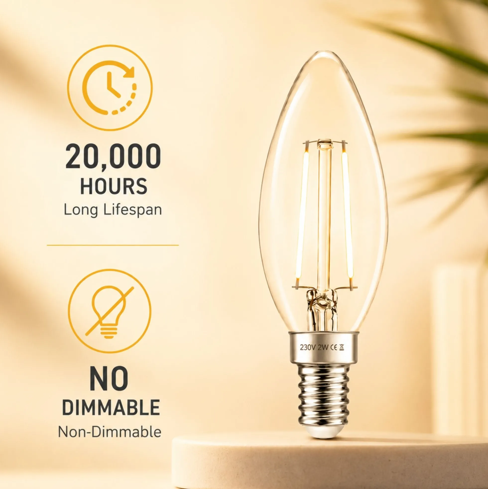 Bombilla LED filamento Vela - E14 C35 - 2W - 3000K - Transparente