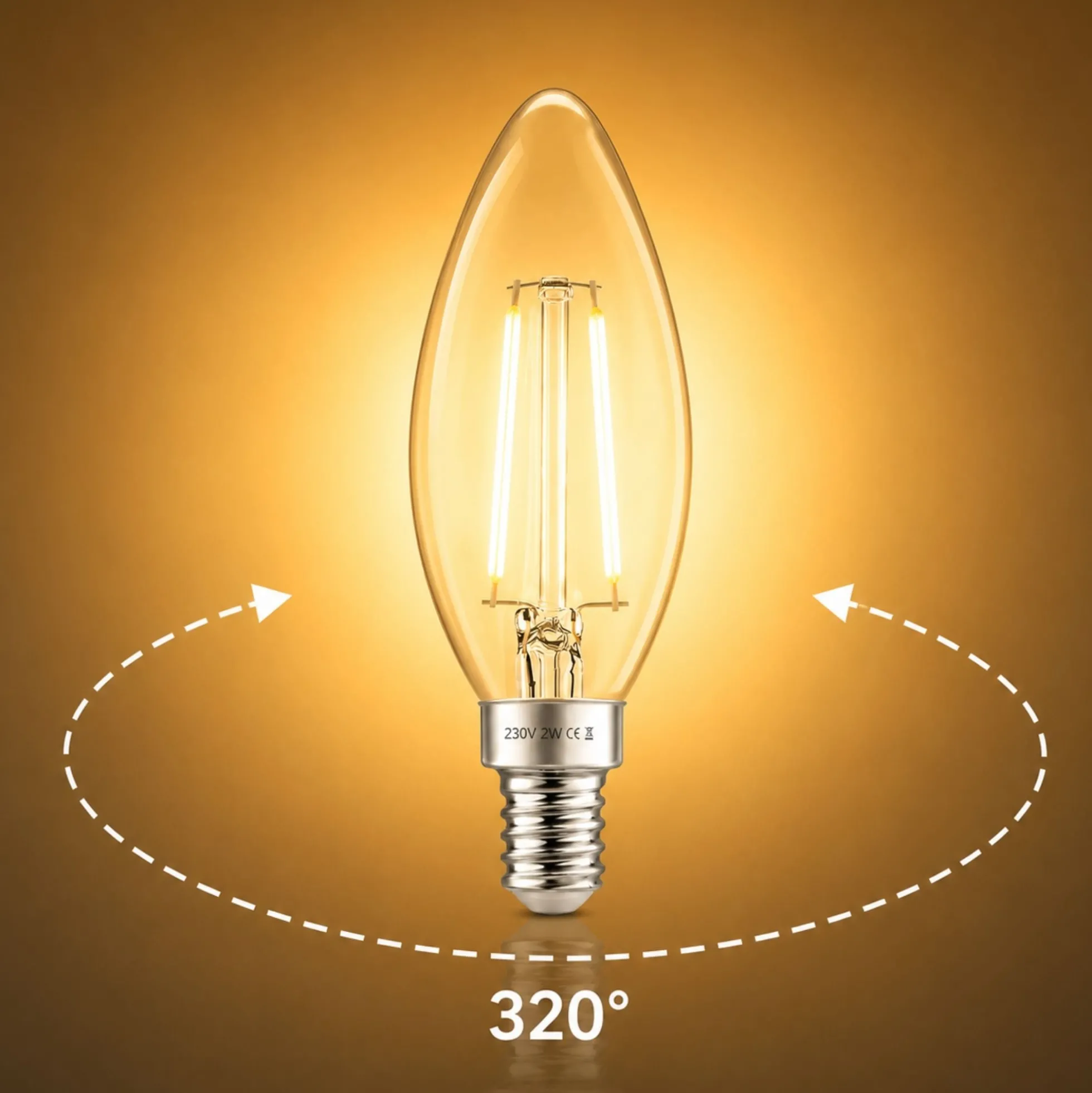 Bombilla LED filamento Vela - E14 C35 - 2W - 3000K - Transparente