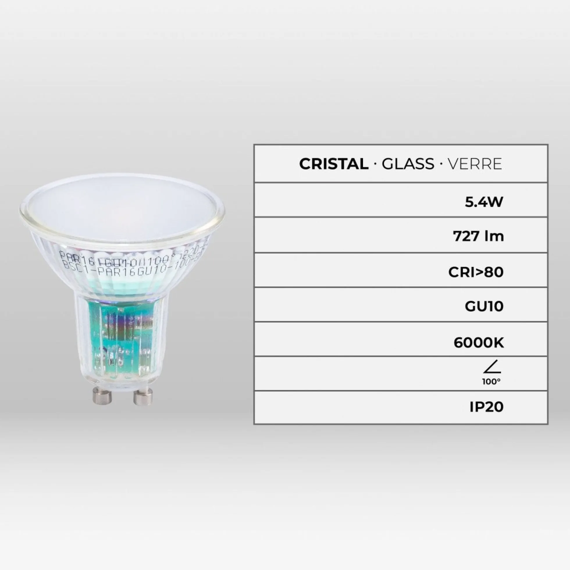 Bombilla LED GU10 6W cristal - 740lm - PAR16 - 100°