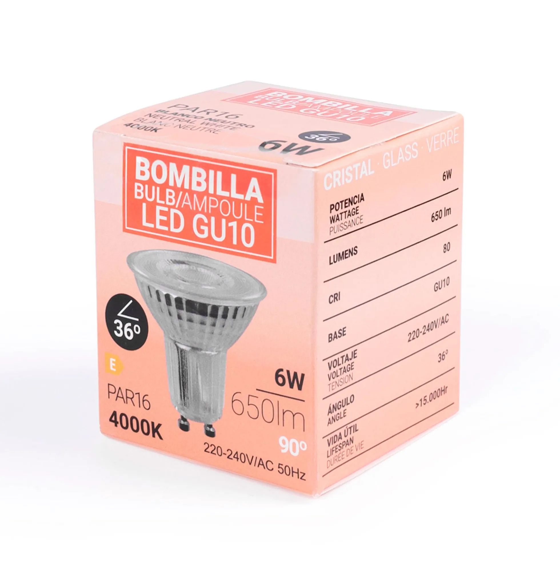 Bombilla LED GU10 6W cristal - 130lm/W - PAR16 - 36°