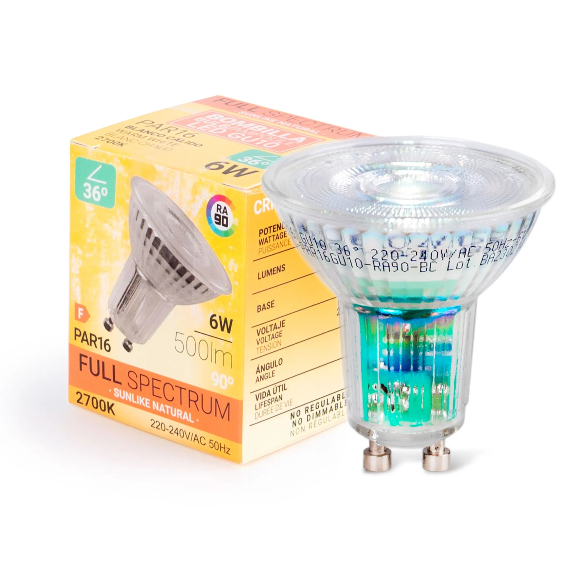 Bombilla LED GU10 6W Full Spectrum "SUNLIKE" - Cristal - 500lm - CRI90 - PAR16 - 36°