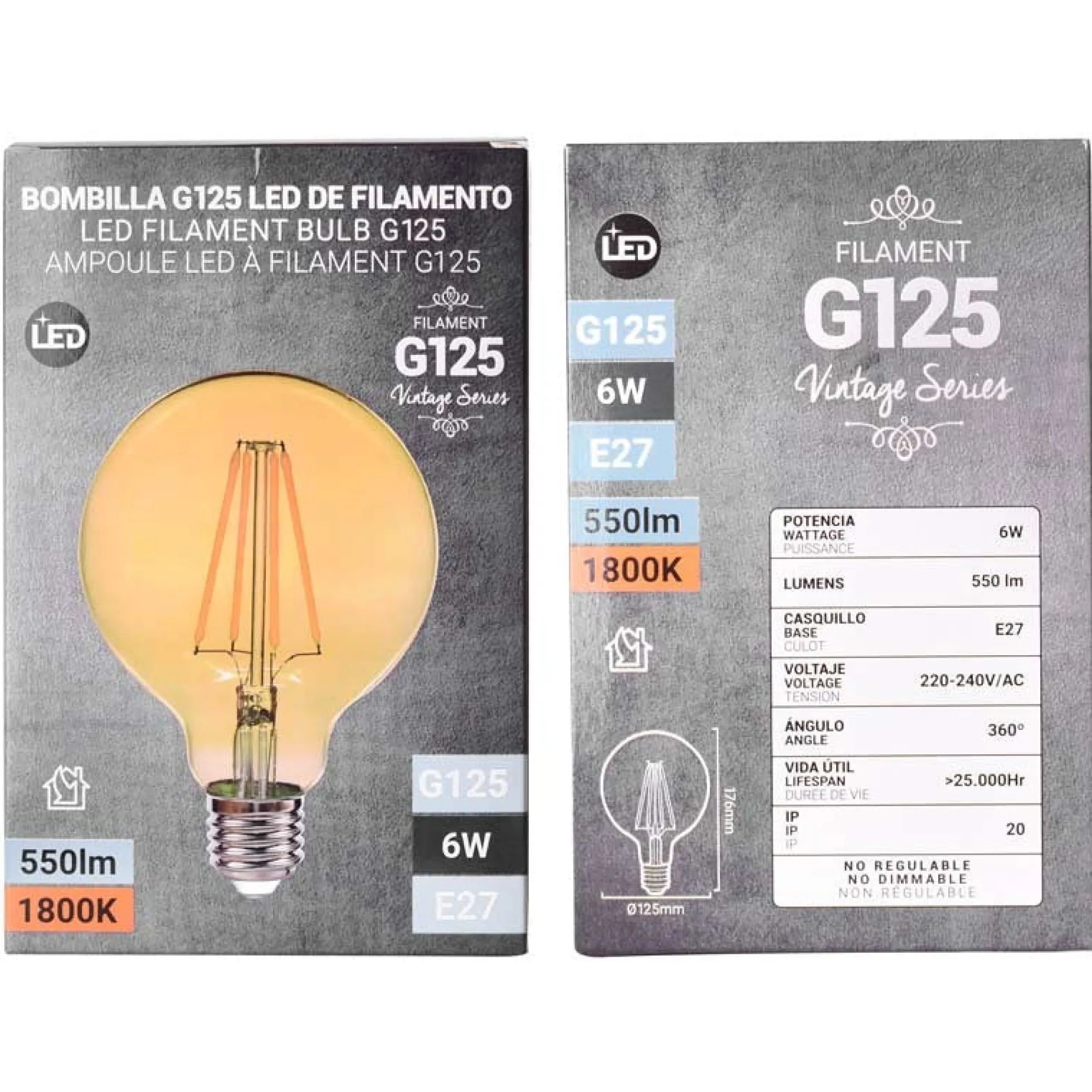 Bombilla LED Vintage Globo de Filamento E27 G125 6W