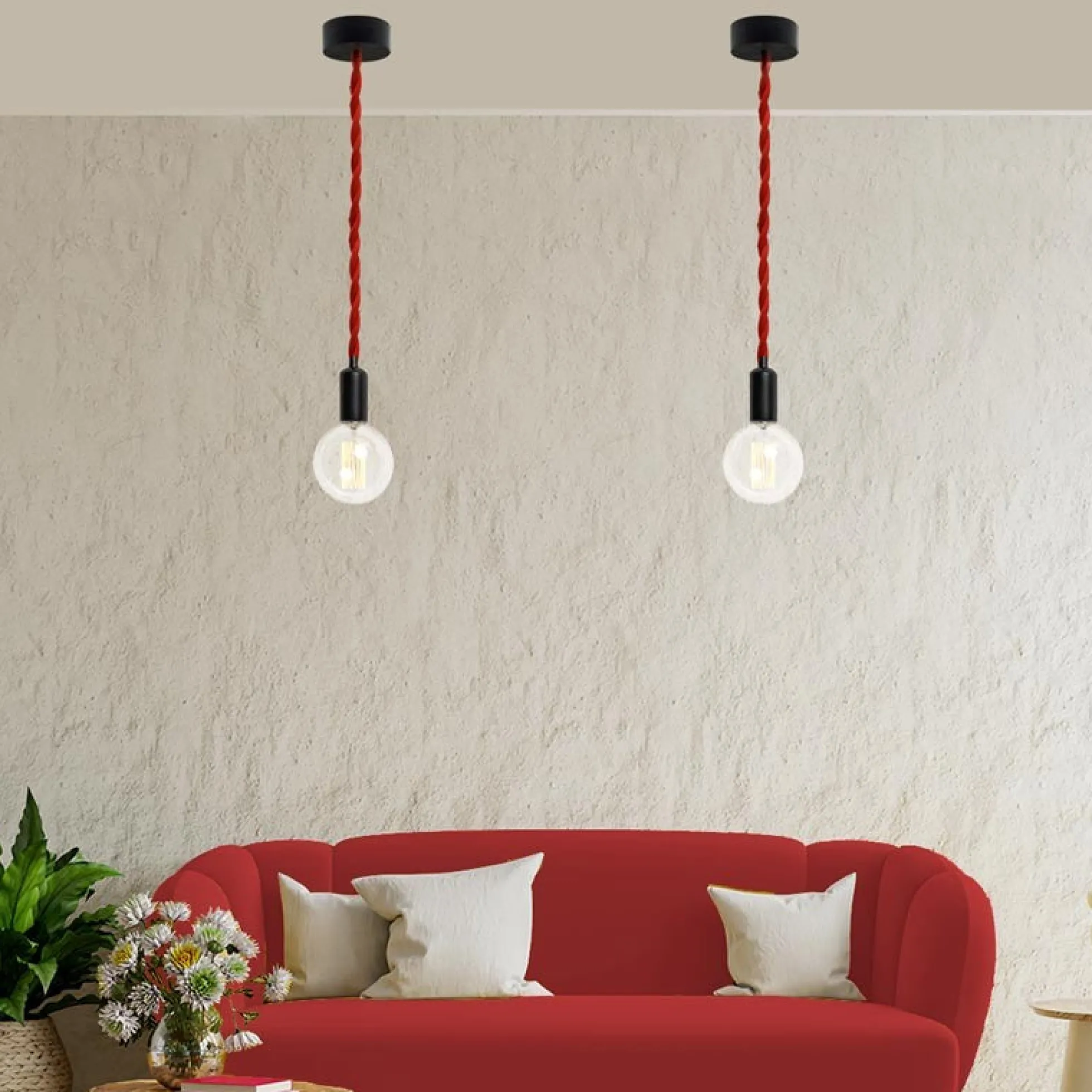 Cable eléctrico trenzado en tejido efecto seda color Rojo