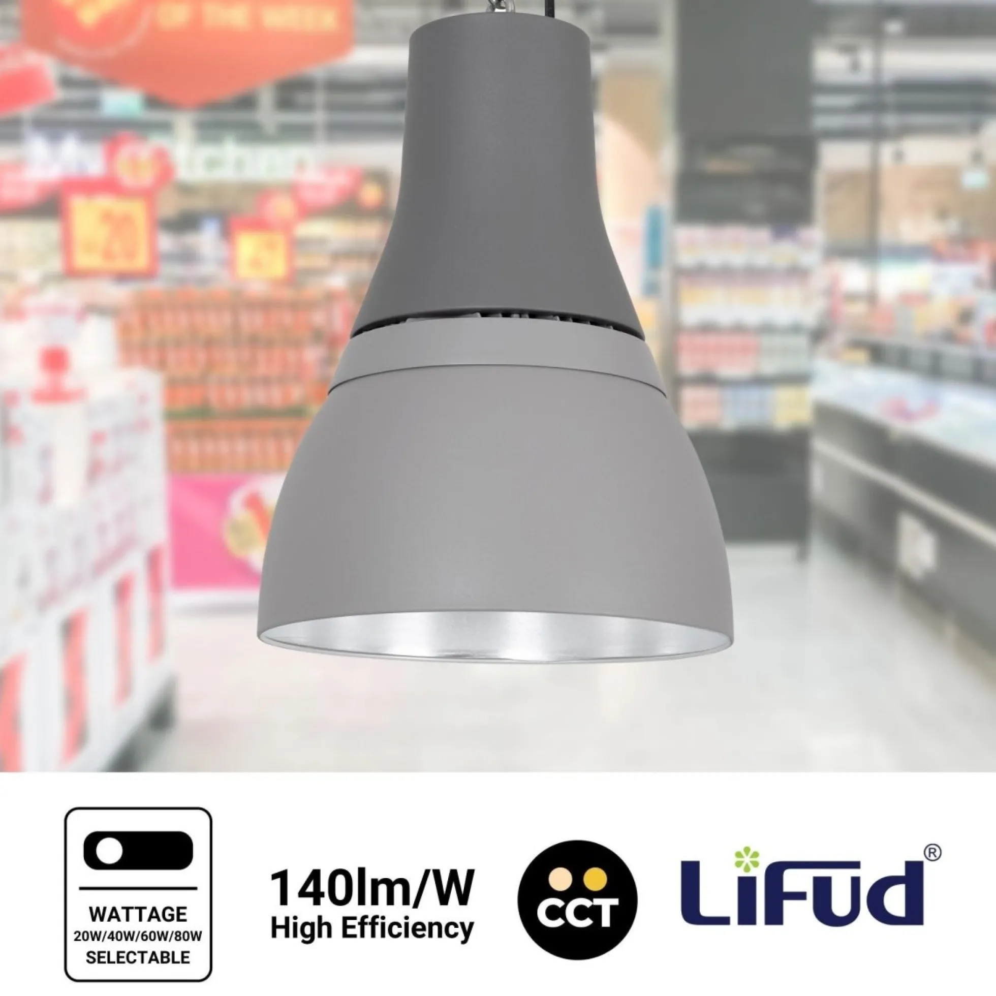 Campana LED comercial CCT - (25W / 40W /60W / 80W) - Difusor aluminio - UGR19 - Driver Lifud 0-10V