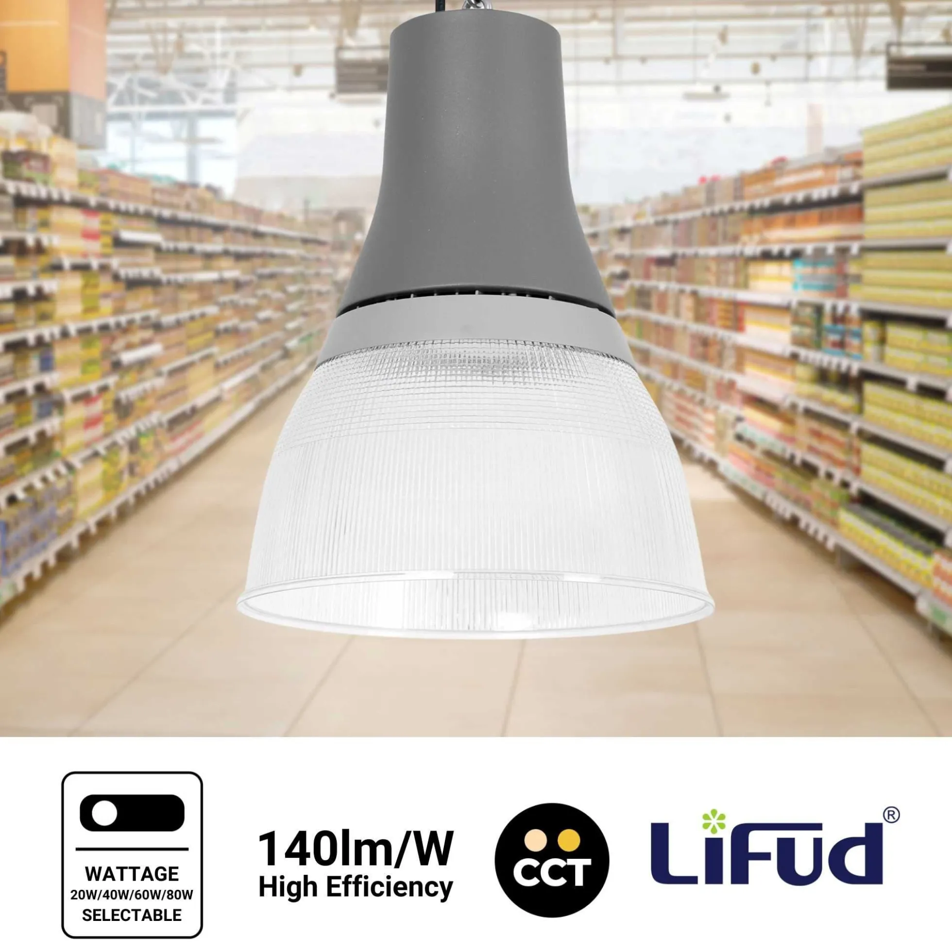 Campana LED comercial CCT - (25W / 40W / 60W / 80W) - Difusor policarbonato - UGR19 - Driver Lifud