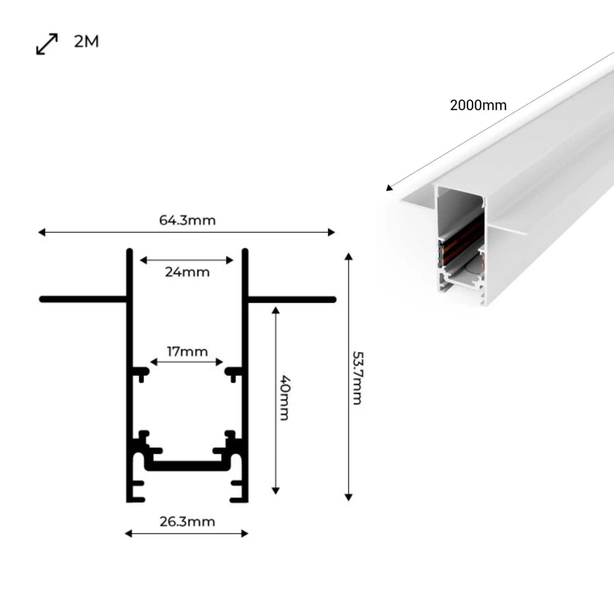 Carril magnético 20mm empotrable - 48V - 2 metros
