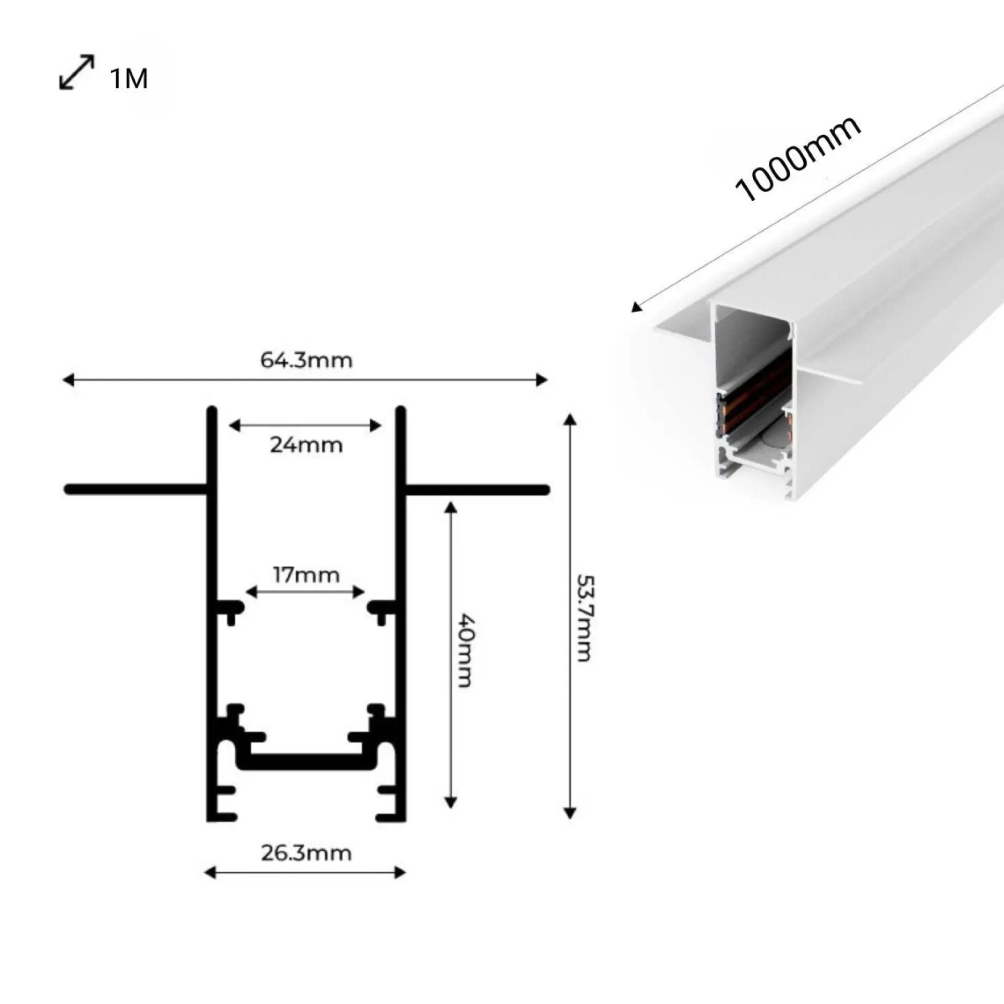 Carril magnético 20mm empotrable 48V - 1 metro