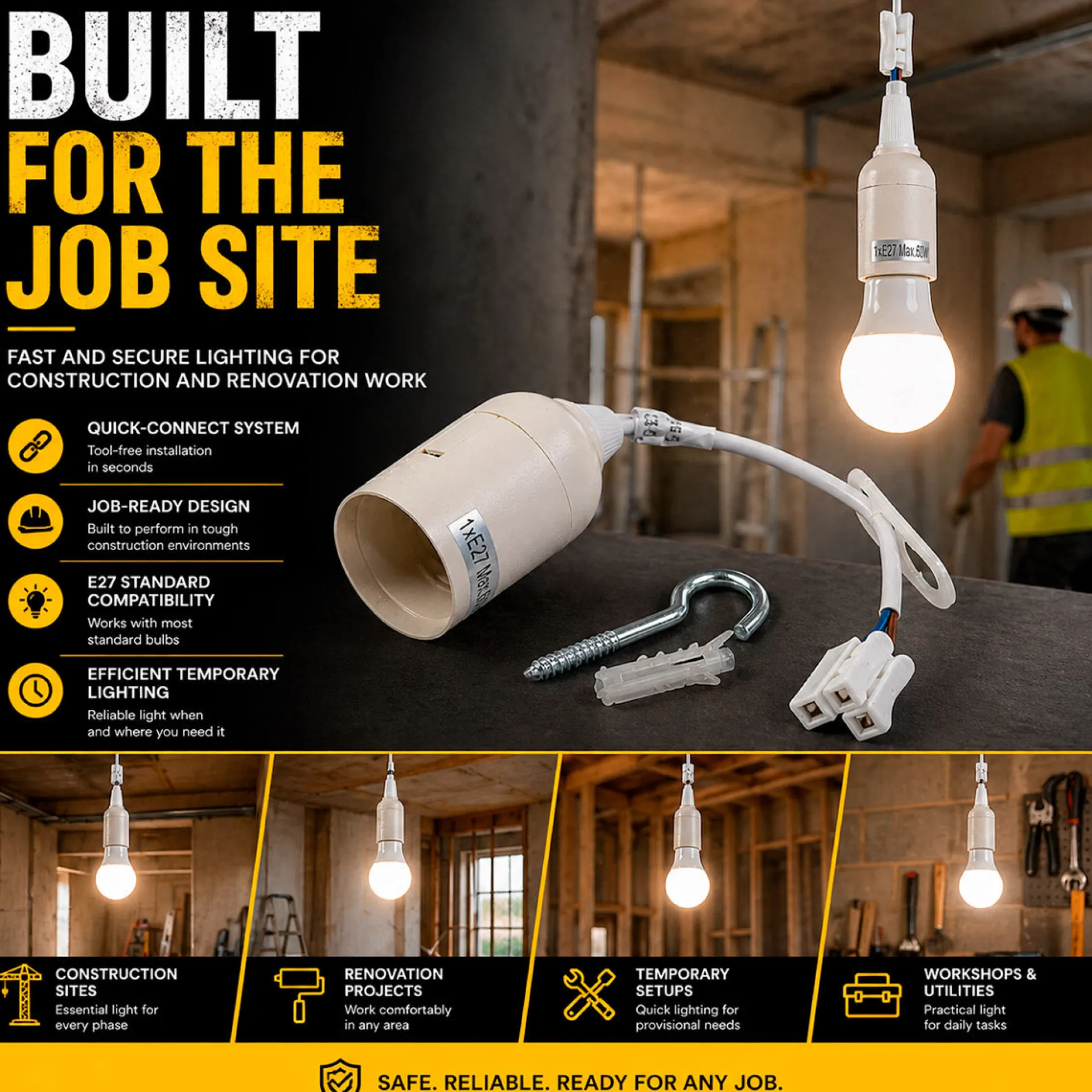 Casquillo E27 con conector rápido - Ideal para obras