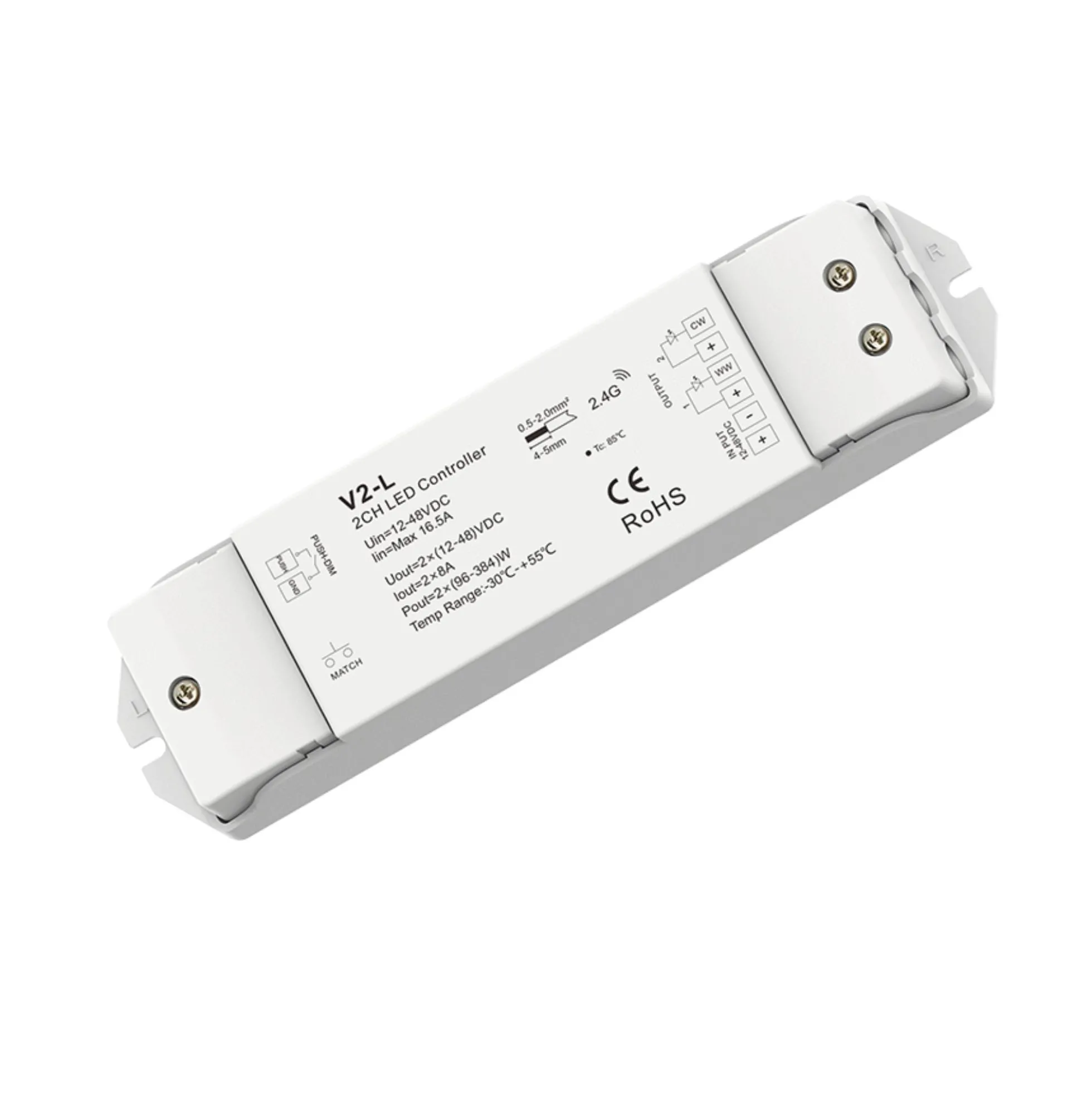 Controlador CCT 12-48V DC - 16A (8A/canal) - RF 2.4GHz - PUSH dimmer - Skydance