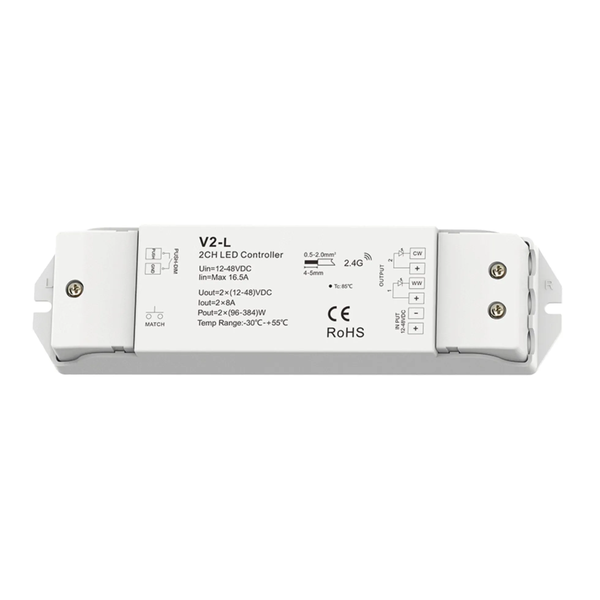Controlador CCT 12-48V DC - 16A (8A/canal) - RF 2.4GHz - PUSH dimmer - Skydance