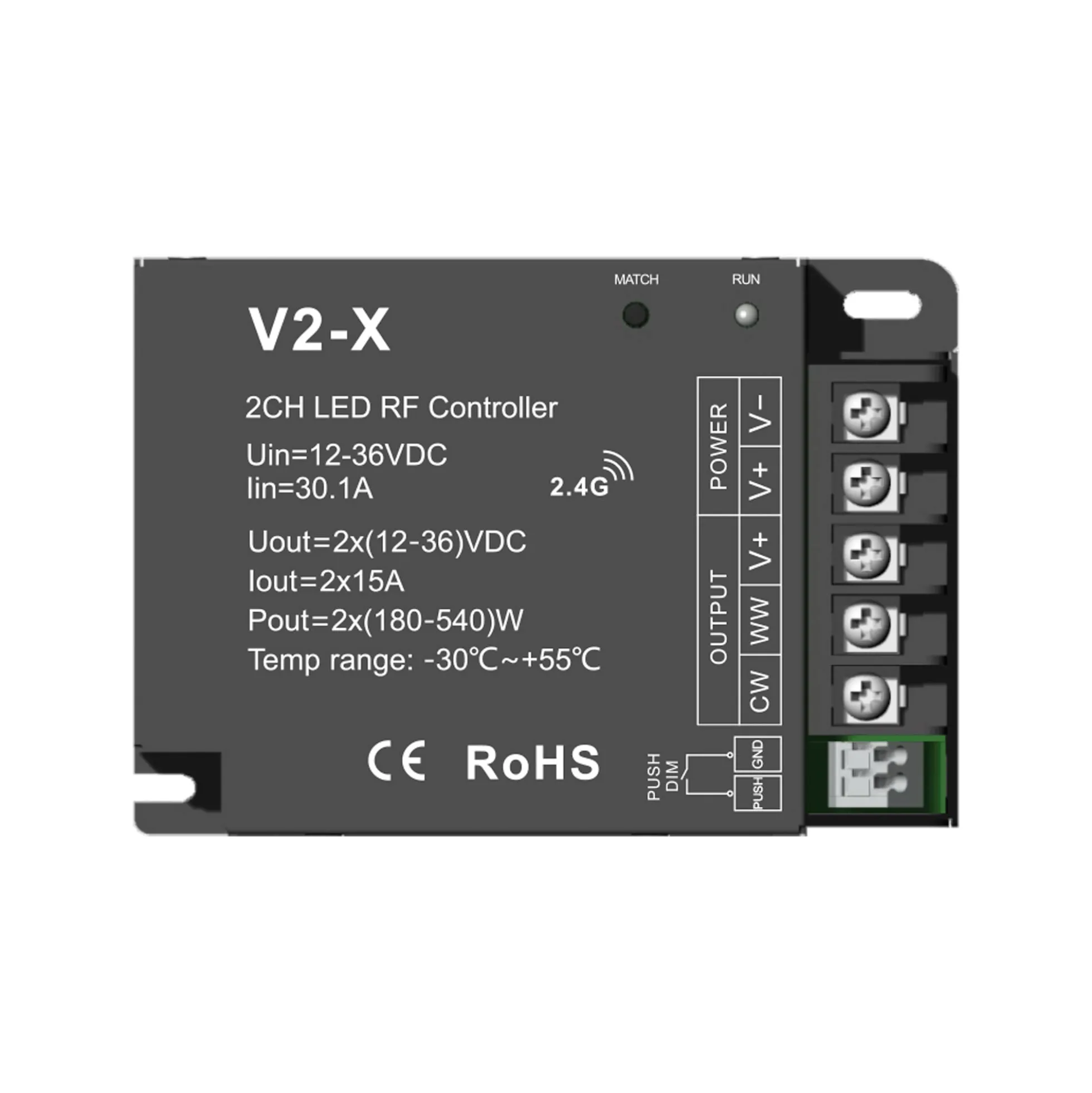 Controlador CCT 12-36V DC - 2 canales - 15A/canal - RF 2.4GHz - PUSH dimmer - Skydance