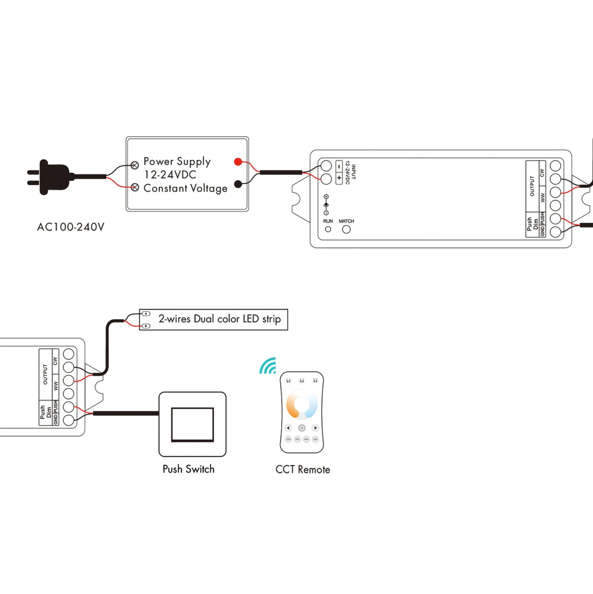 Controlador CCT 12-24V DC - 2 hilos - 5A - RF 2.4GHz - PUSH dimmer - Skydance