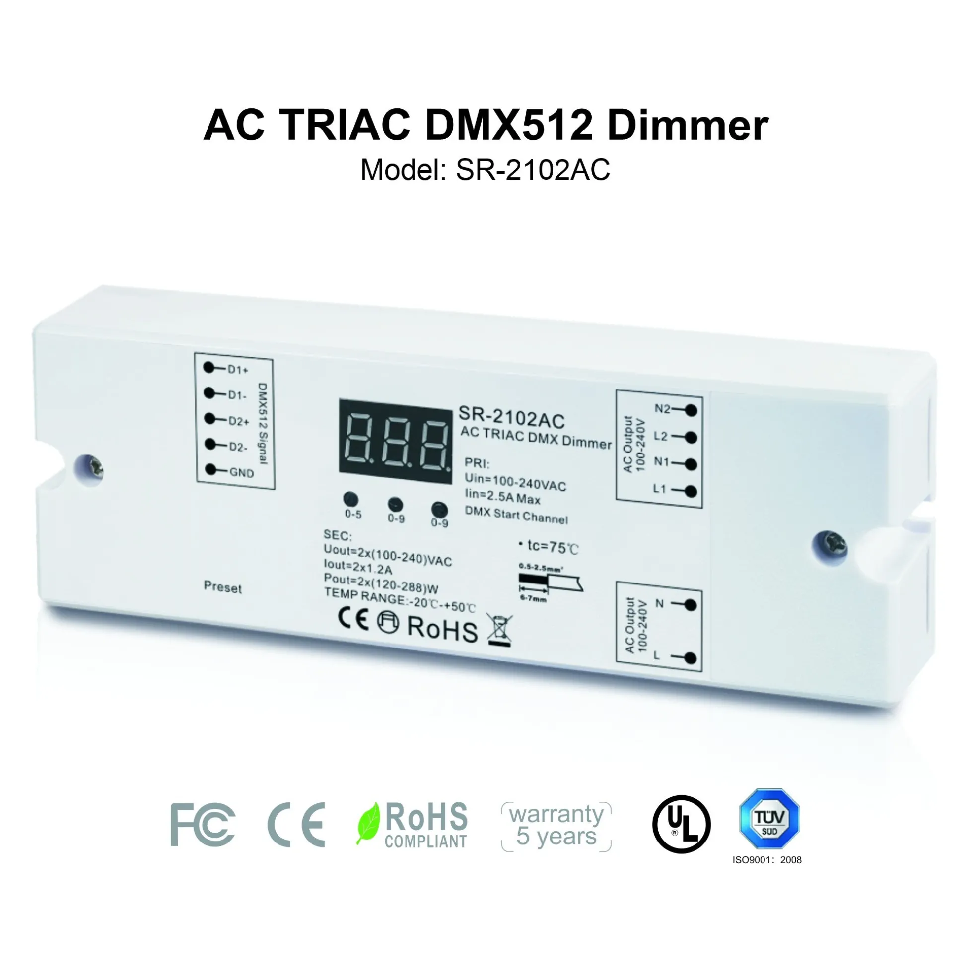 Controlador monocolor AC TRIAC - DMX Dimmer - 2 canales 1,2A/ch - 100-240V - Sunricher