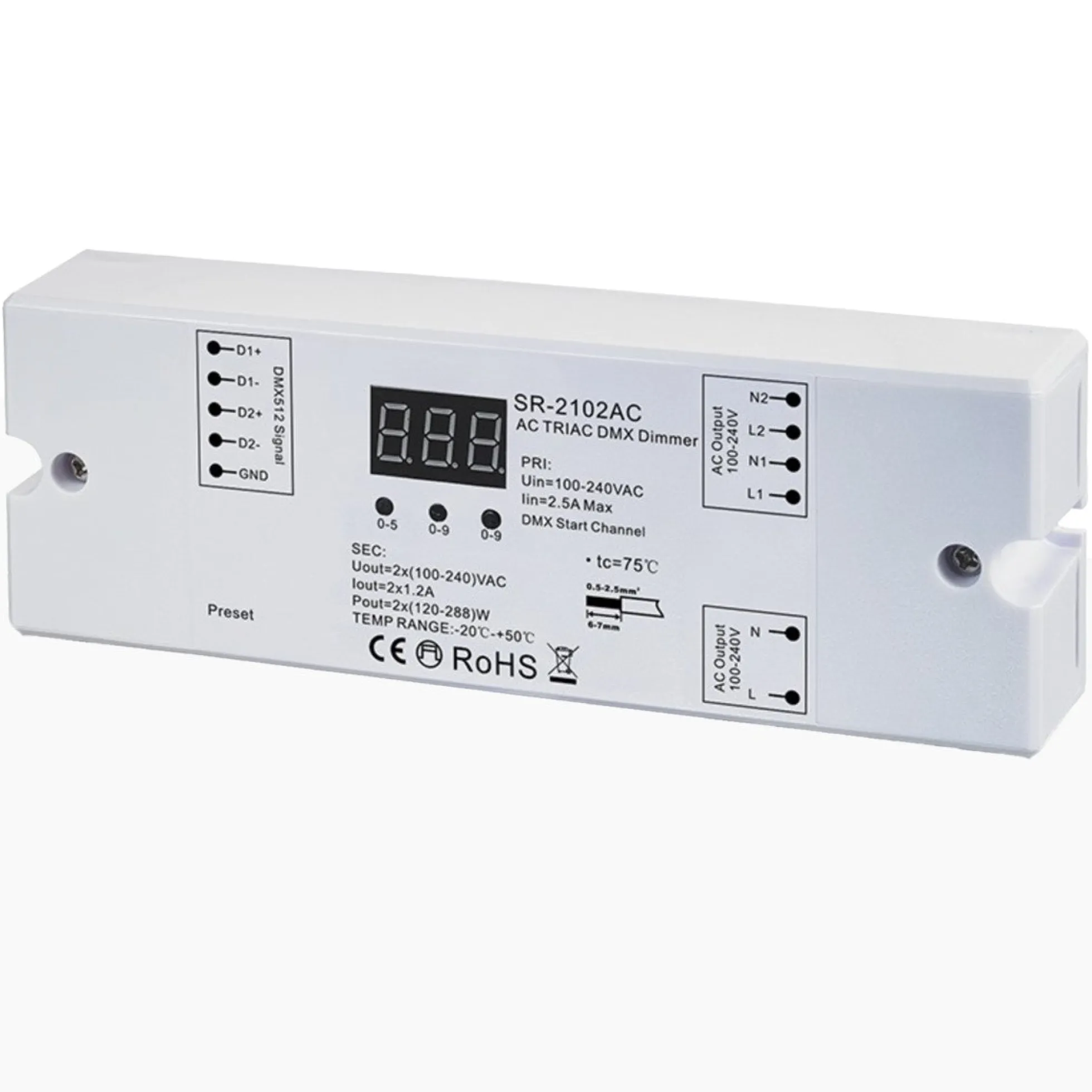 Controlador monocolor AC TRIAC - DMX Dimmer - 2 canales 1,2A/ch - 100-240V - Sunricher