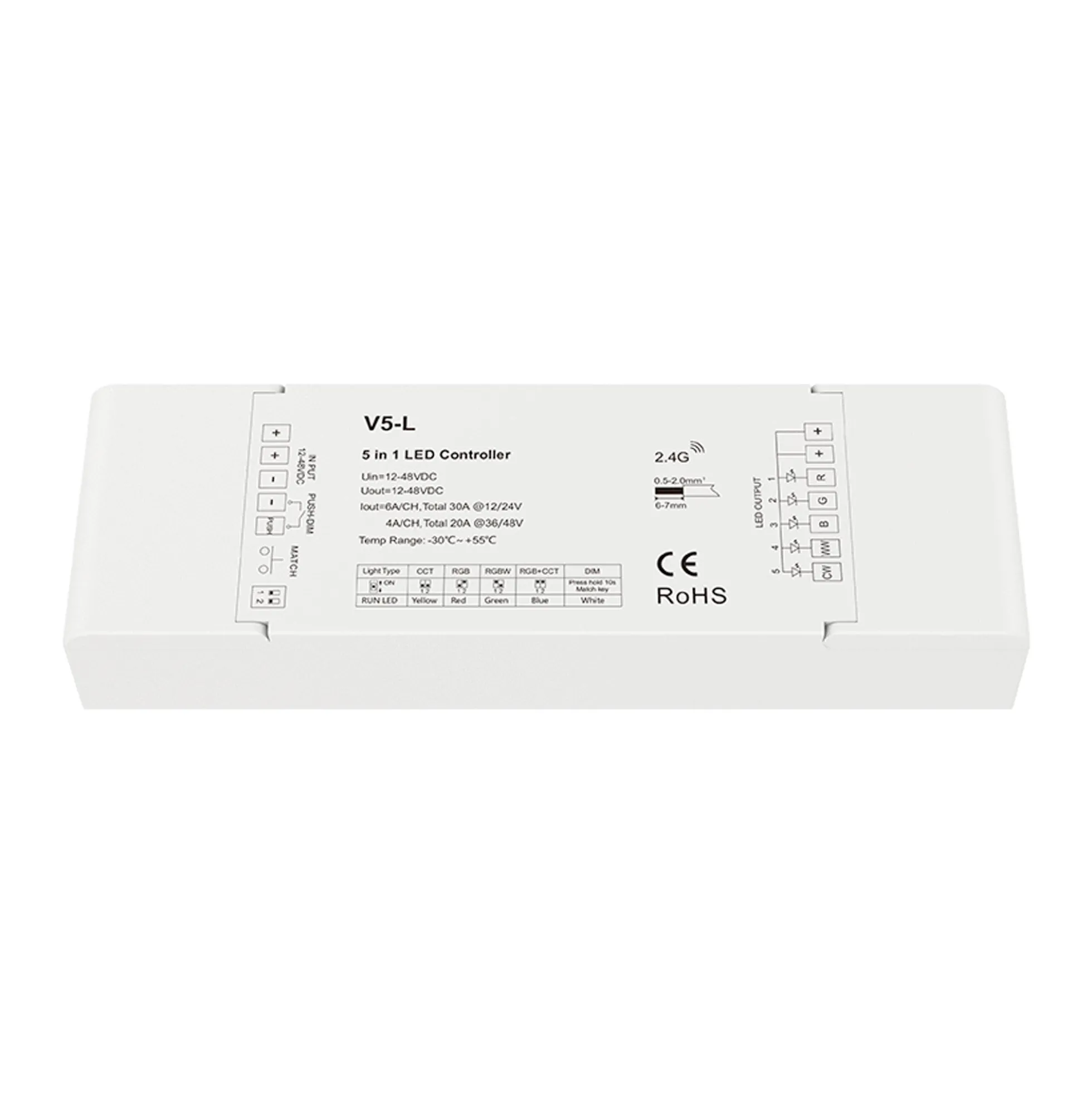 Controlador Monocolor / CCT / RGB / RGBW / RGB + CCT 12-48V DC - 5 en 1 - RF 2.4GHz - PUSH dimmer - Skydance
