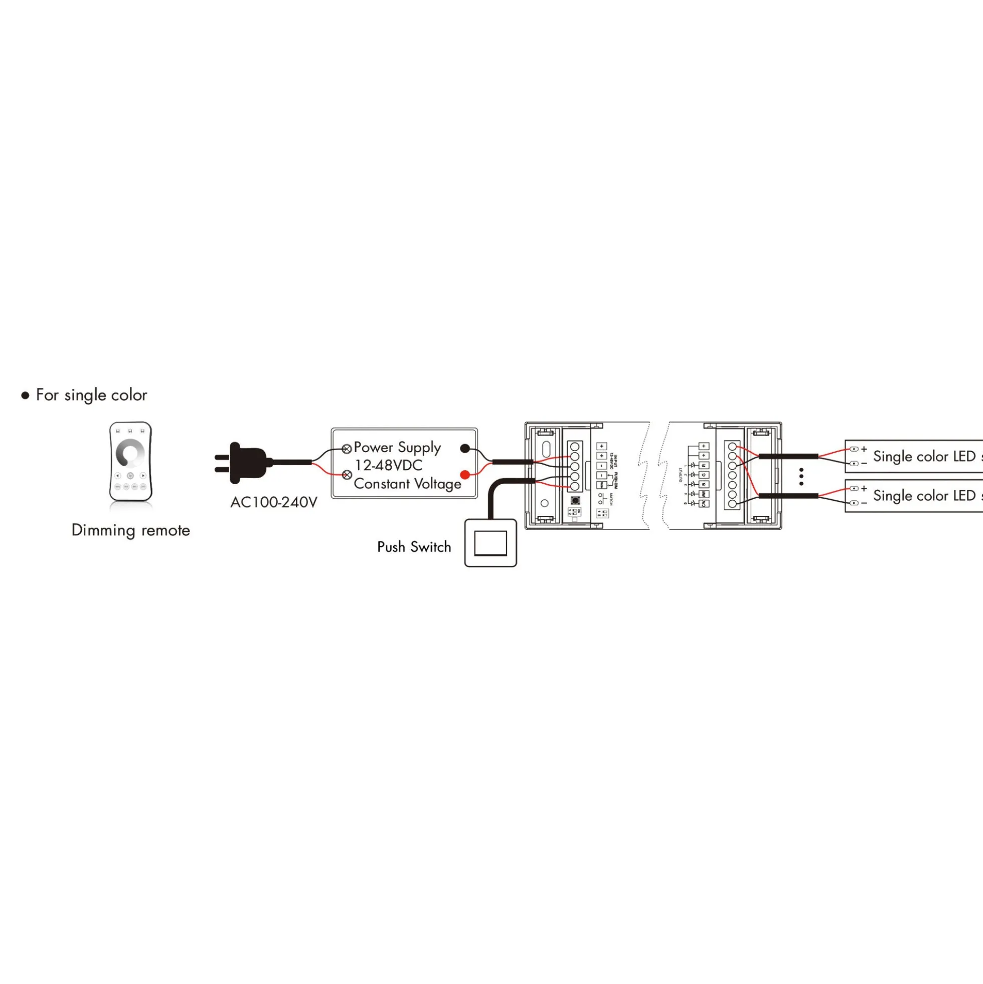 Controlador Monocolor / CCT / RGB / RGBW / RGB + CCT 12-48V DC - 5 en 1 - RF 2.4GHz - PUSH dimmer - Skydance