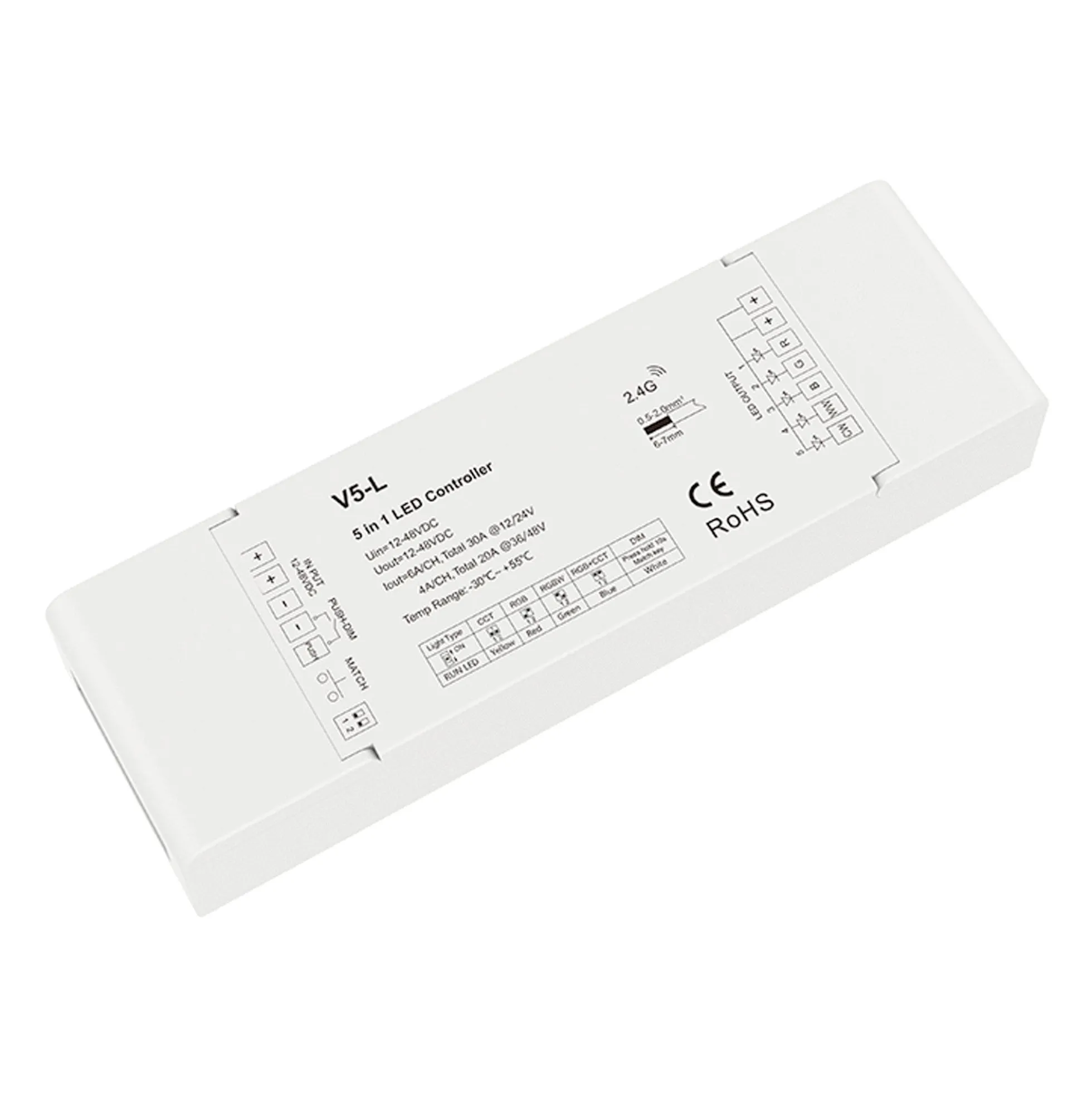 Controlador Monocolor / CCT / RGB / RGBW / RGB + CCT 12-48V DC - 5 en 1 - RF 2.4GHz - PUSH dimmer - Skydance