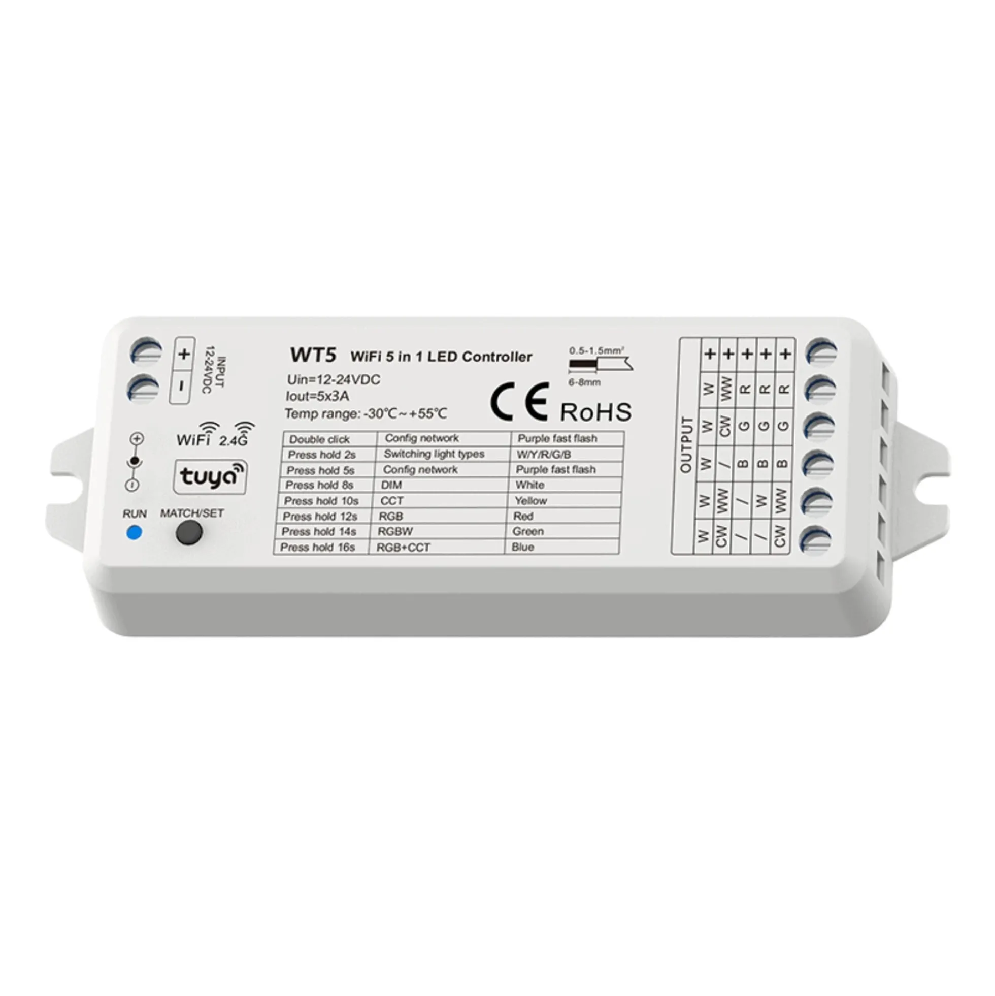 Controlador Monocolor/CCT/RGB/RGBW/RGB+CCT - Compacto - 12-24V DC - WiFi+RF - TUYA - Skydance