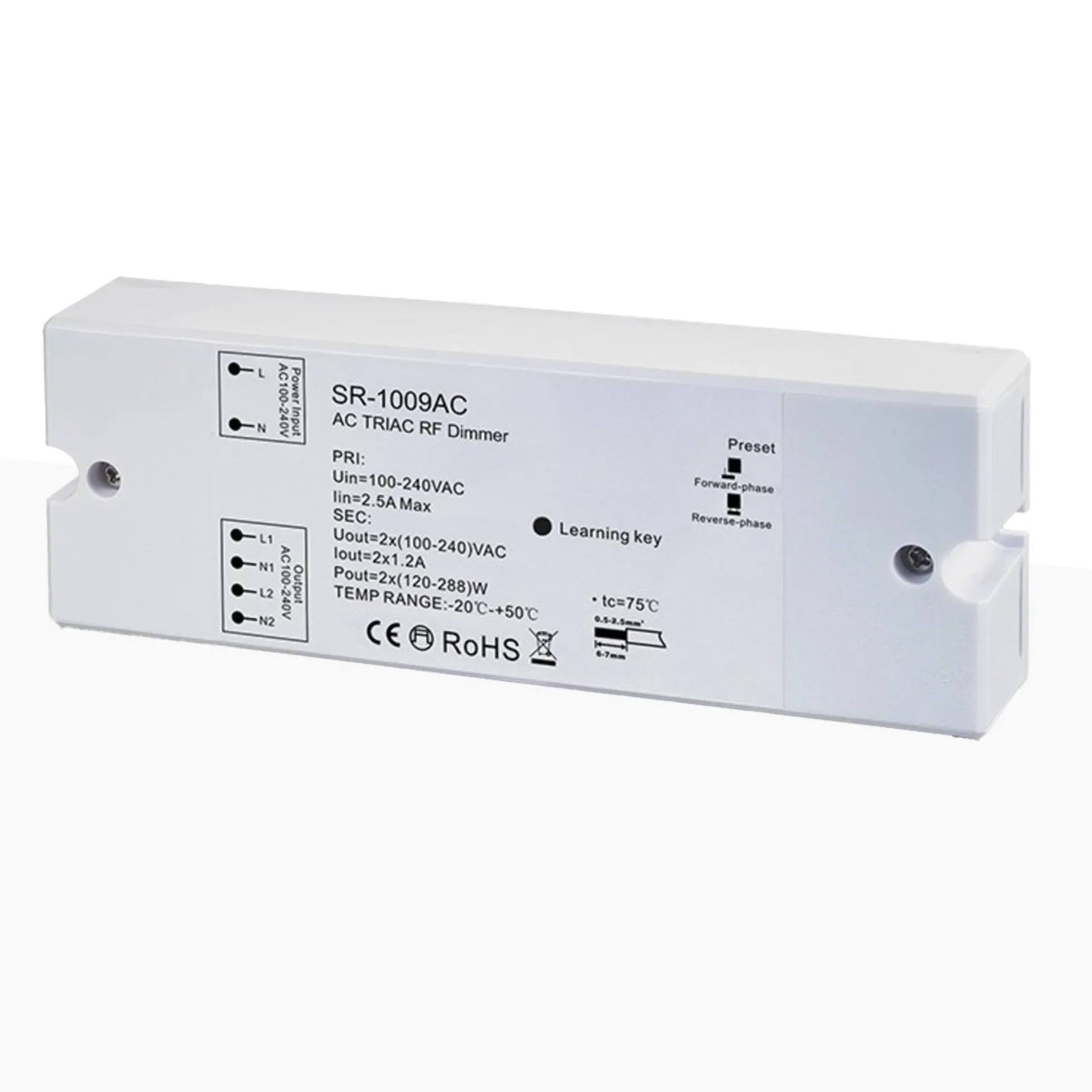 Controlador monocolor dimable - AC TRIAC RF Dimmer - 2 canales 1,2A/ch - 100-240VAC Sunricher - Perfect RF