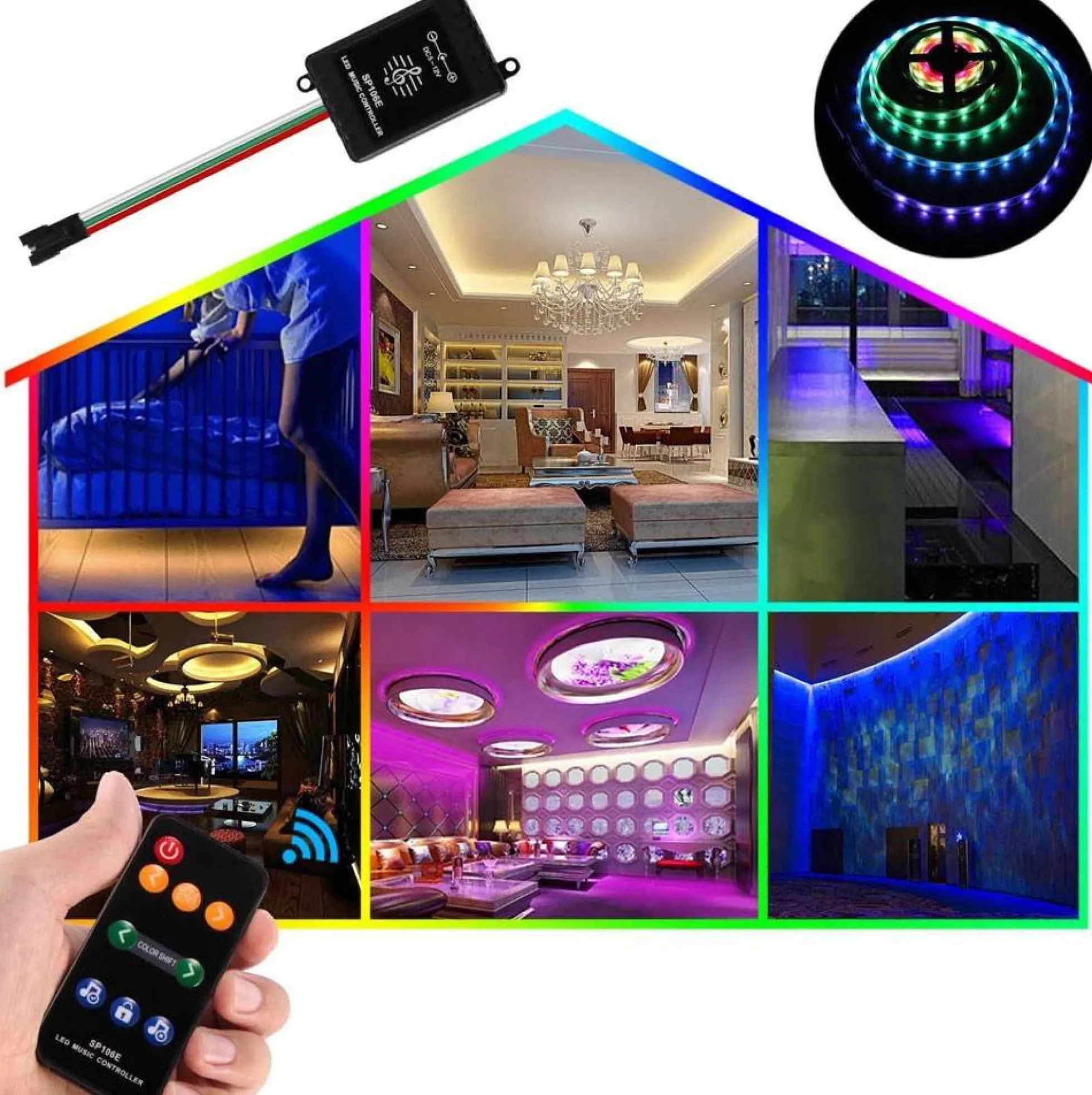 Controlador musical LED IC Pixel RGB/RGBW con mando a distancia - 5-12V DC - 600 pixeles