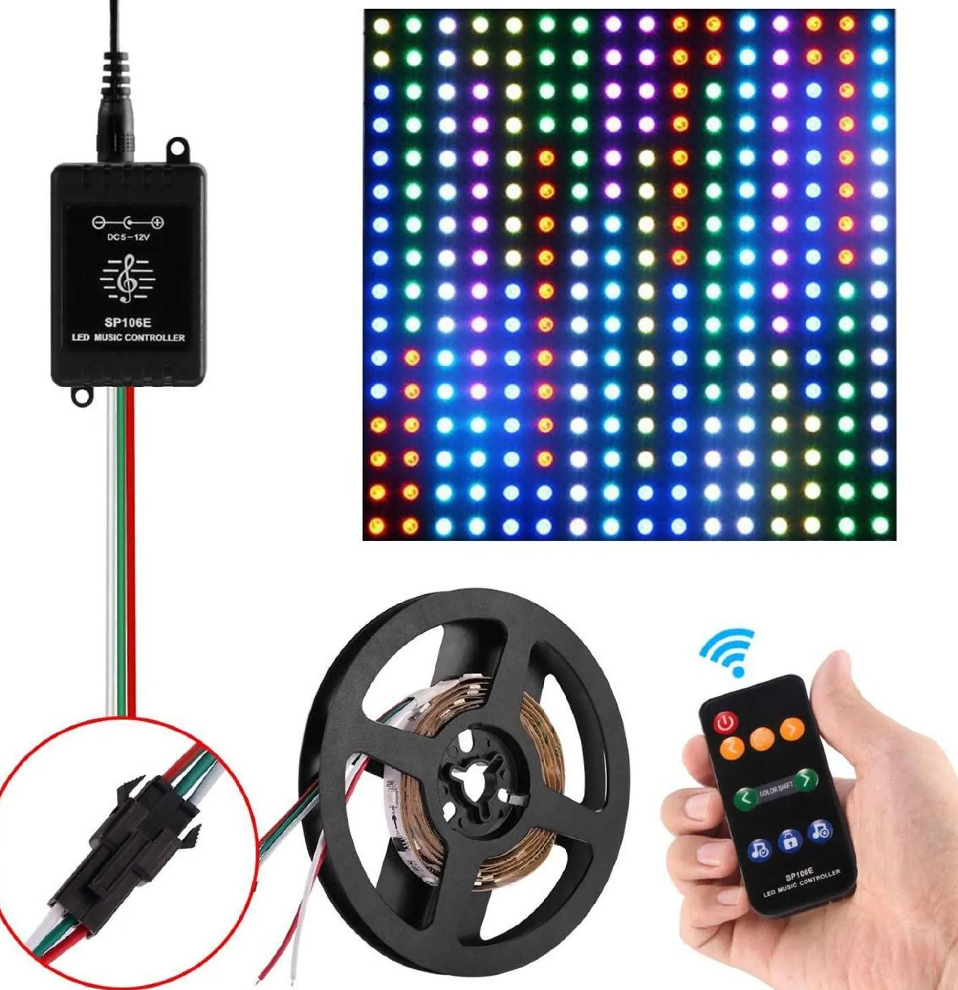 Controlador musical LED IC Pixel RGB/RGBW con mando a distancia - 5-12V DC - 600 pixeles