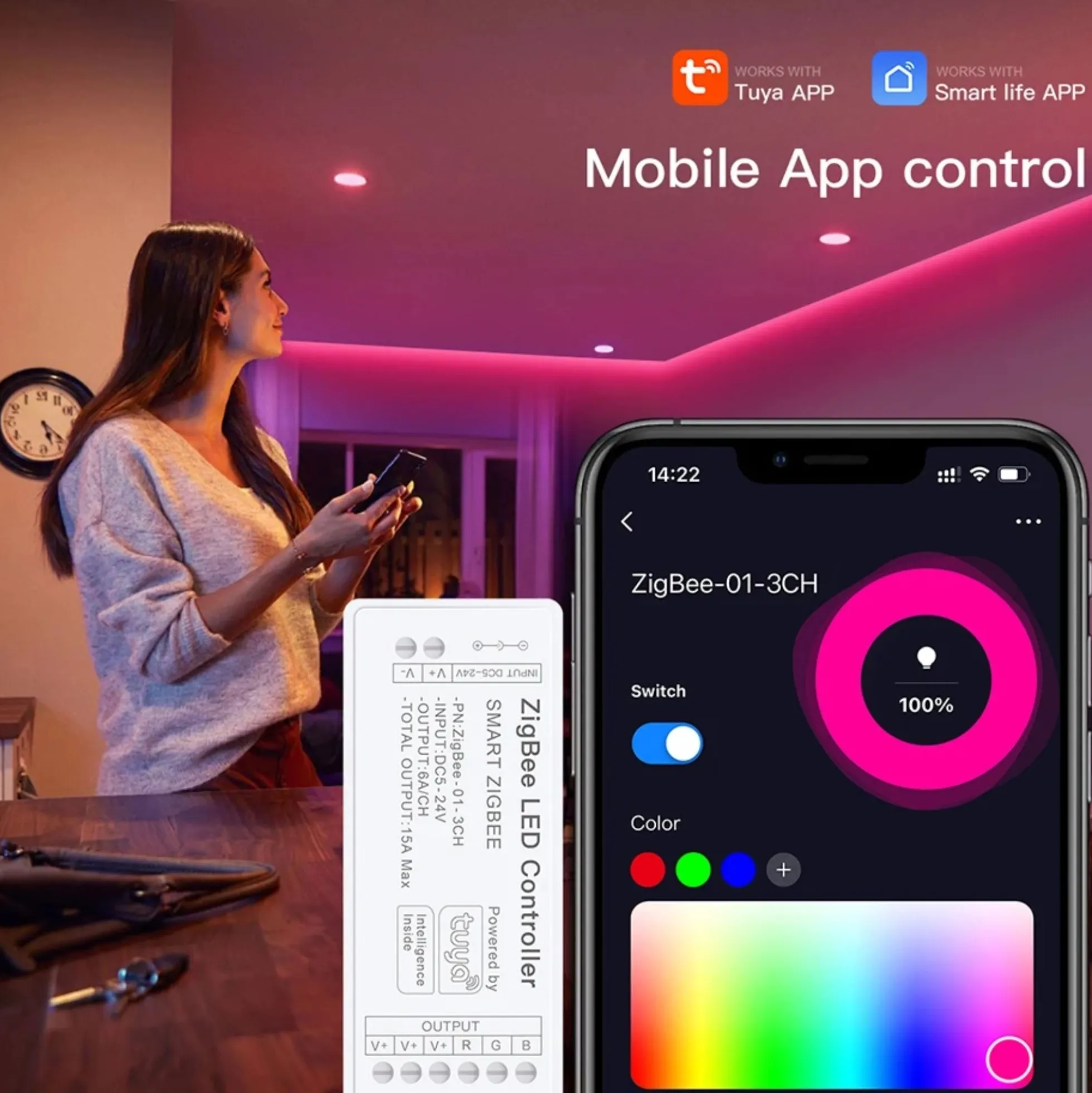 Controlador para tira LED RGB - 6A por canal - ZigBee/TUYA SMART
