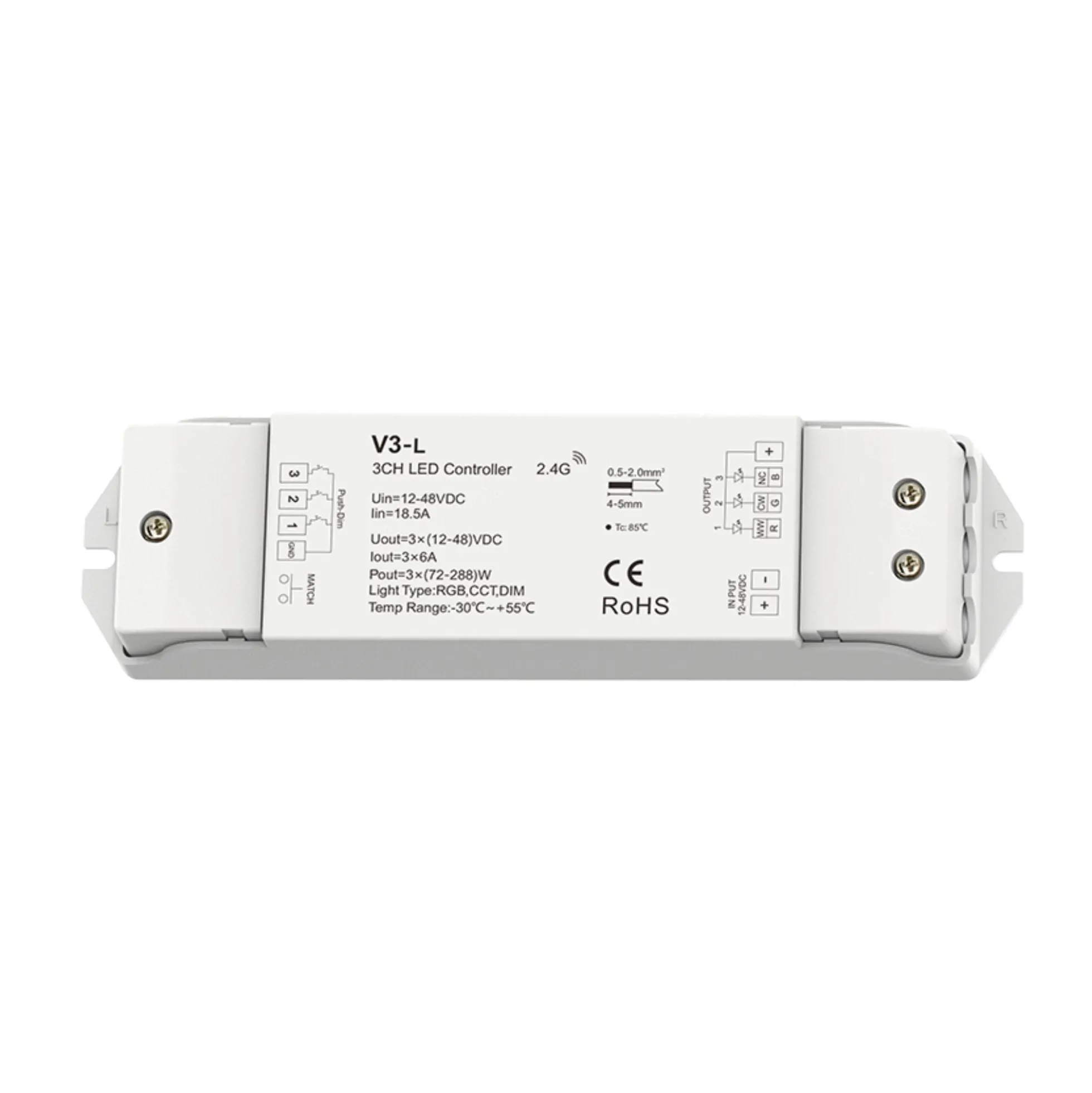 Controlador RGB / CCT / Monocolor 12-48V DC - 18A (6A/canal) - RF 2.4G - PUSH dimmer - Skydance