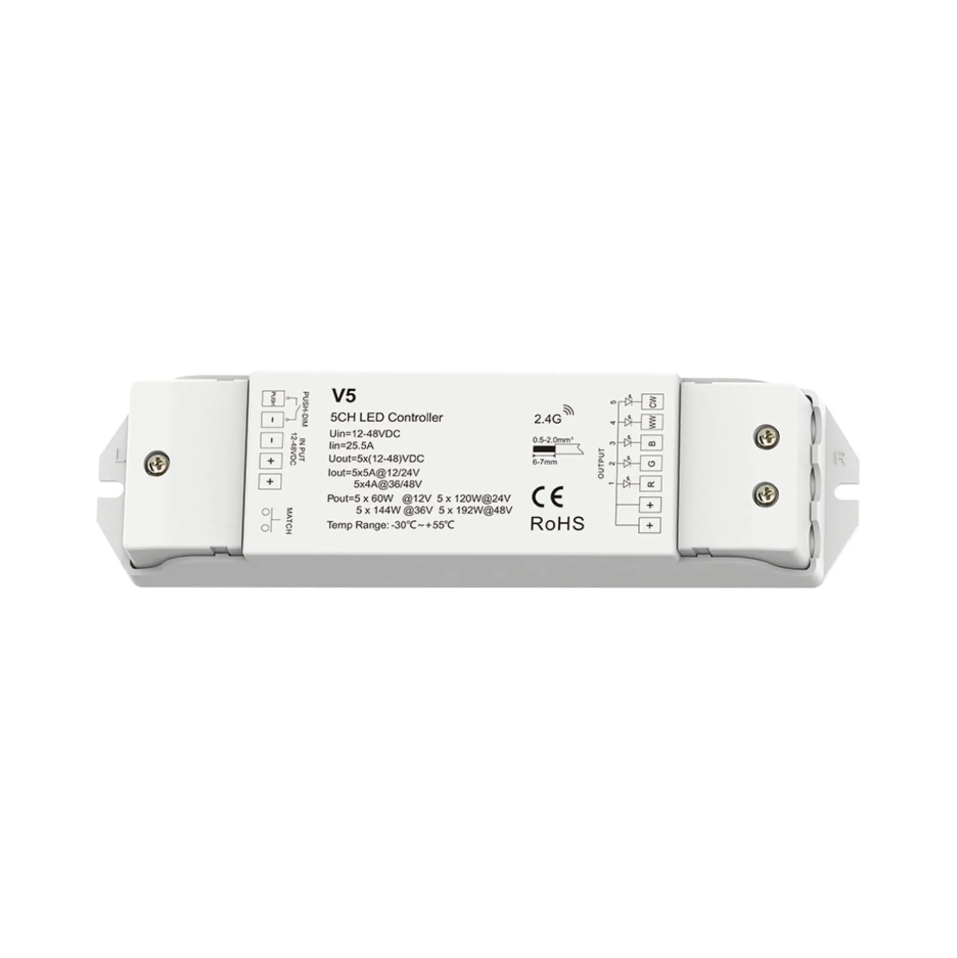 Controlador RGB + CCT 12-48V DC - 25A (5A/canal) - RF 2.4G - PUSH dimmer - Skydance
