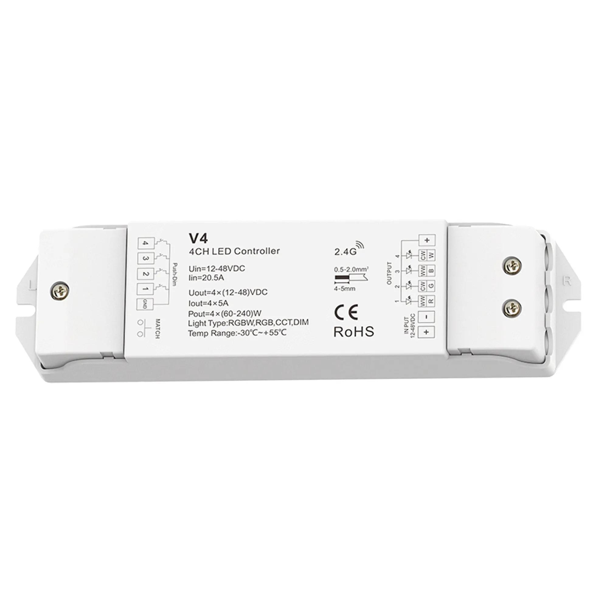 Controlador RGBW / RGB / CCT / Monocolor 12-48V DC - 20A (5A/canal) - RF 2.4G - PUSH Dimmer - Skydance