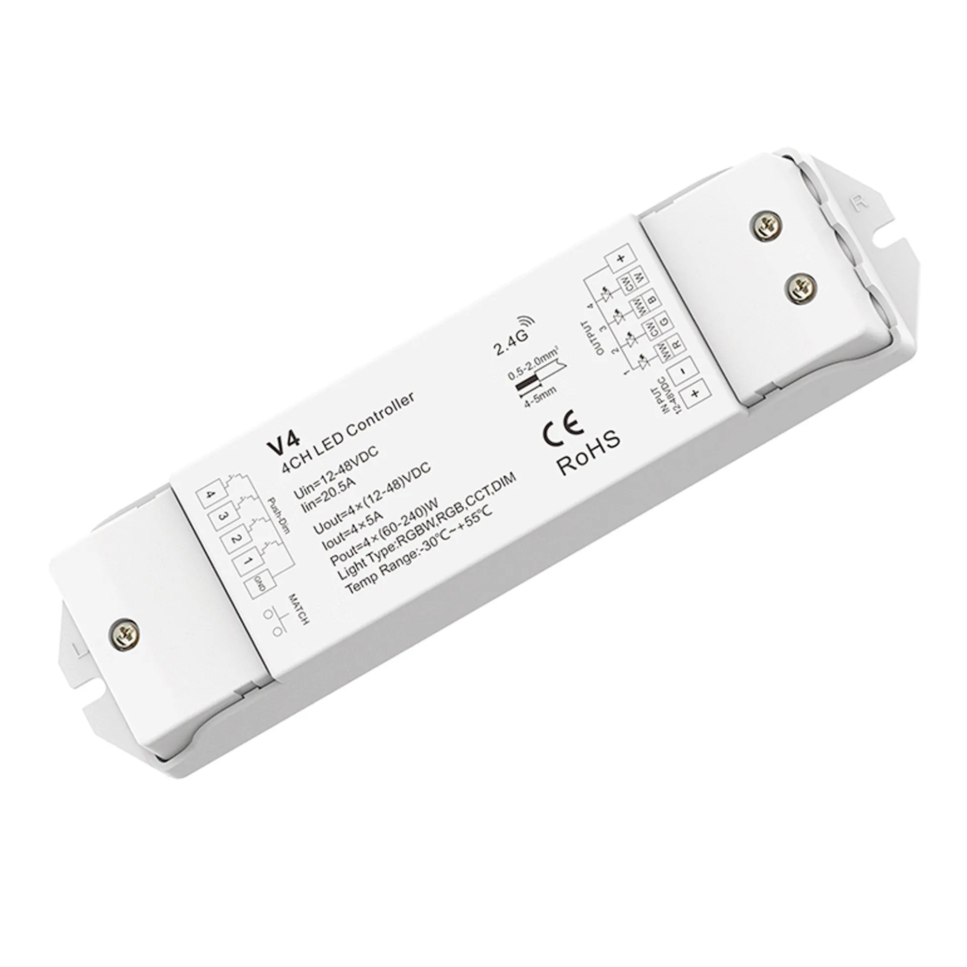 Controlador RGBW / RGB / CCT / Monocolor 12-48V DC - 20A (5A/canal) - RF 2.4G - PUSH Dimmer - Skydance