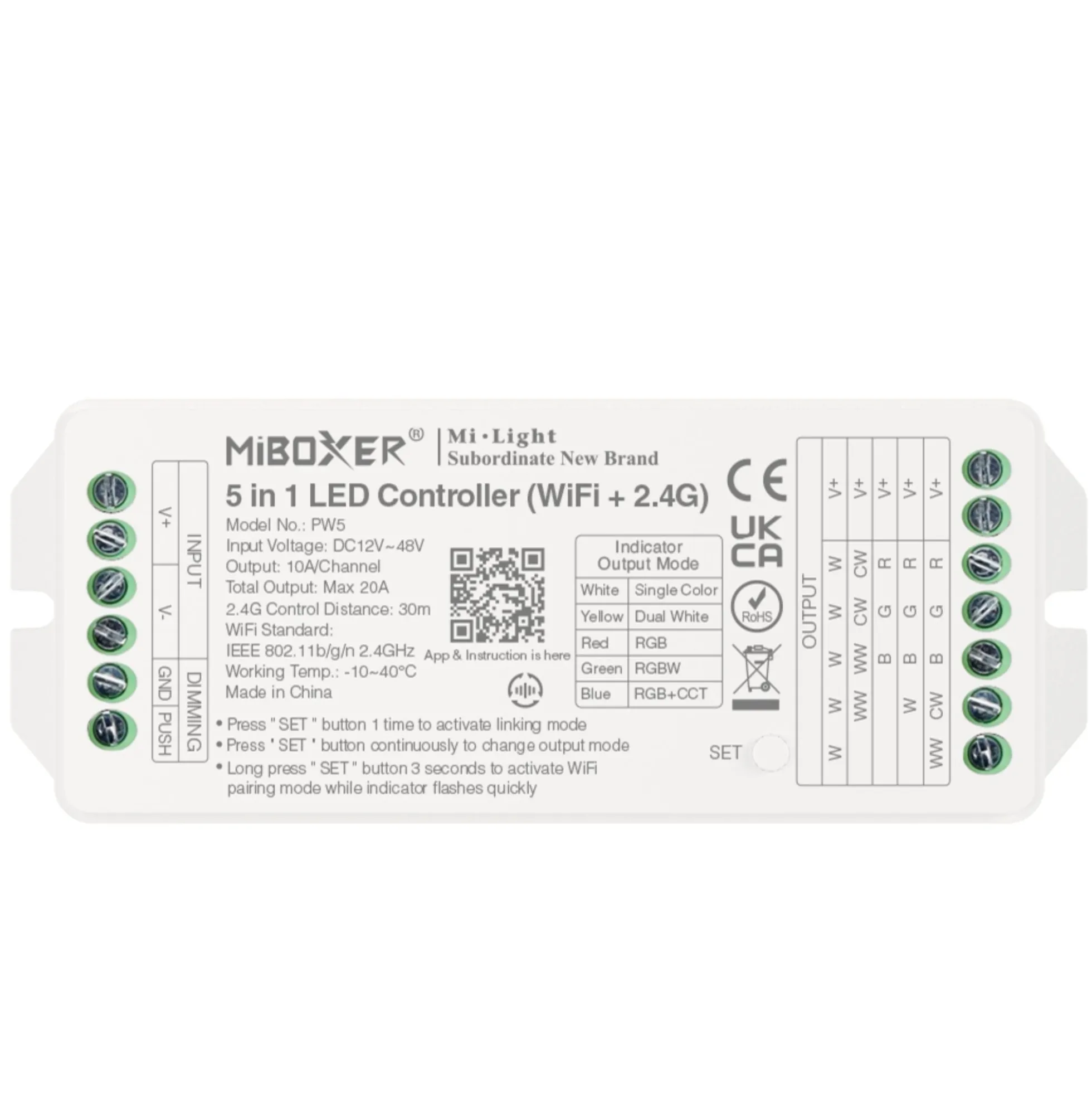 Controlador tira LED 5 en 1 - Monocolor/Dual White/RGB/RGBW/RGBCCT - 12/48VDC - 20A - 2.4G - WiFi - Milight
