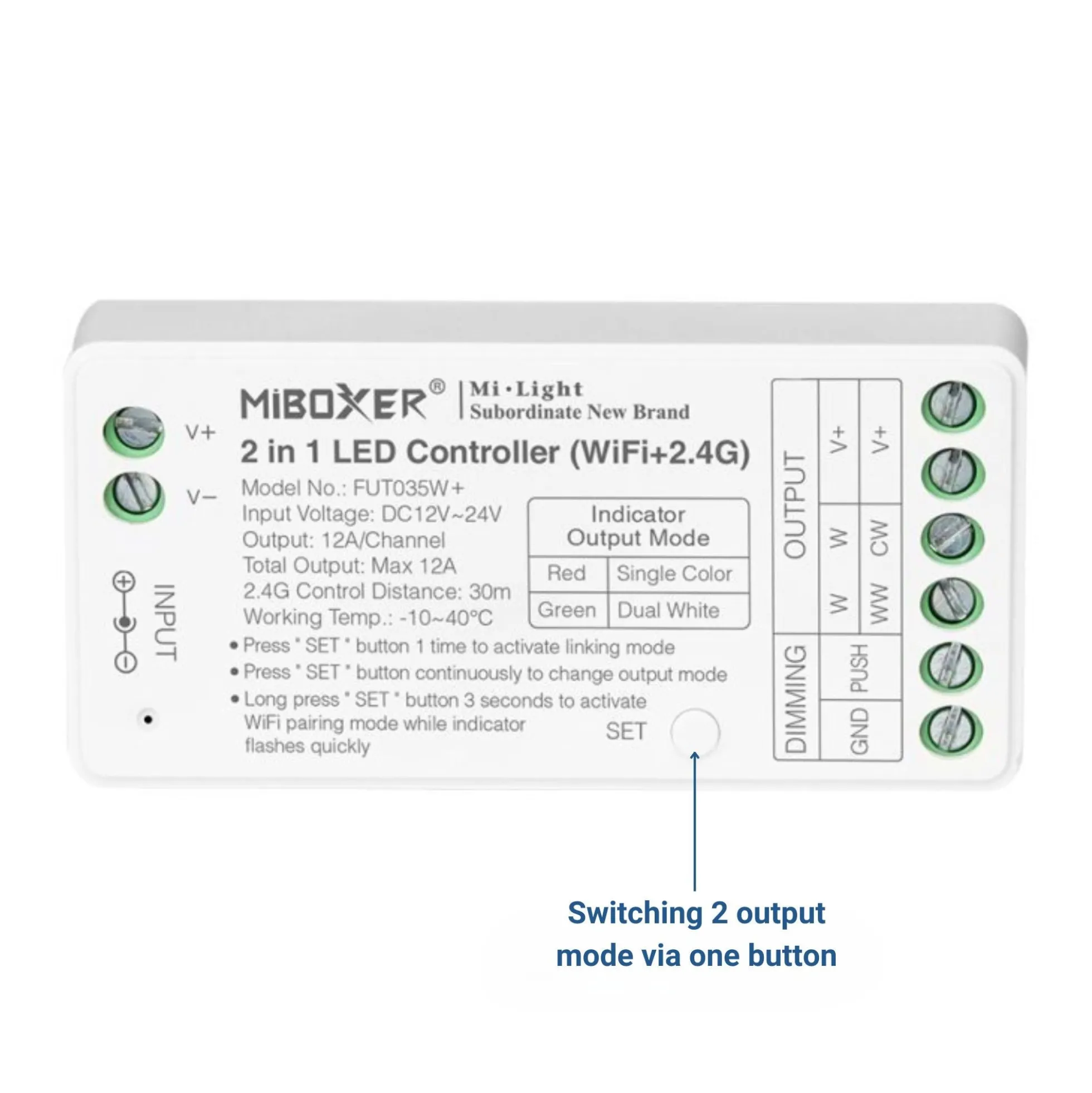Controlador tira LED 2 en 1- Monocolor - Dual White - 12/24V DC - 2.4G - WiFi - MiBoxer - FUT035W+