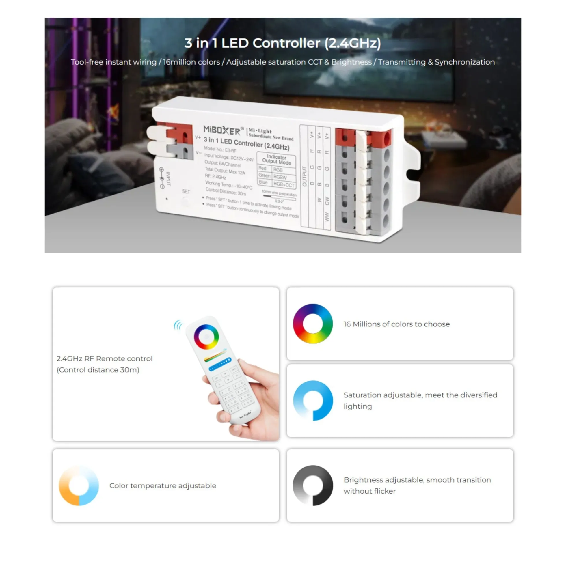 Controlador tira LED 3 en 1- RGB / RGBW / RGB + CCT - 12/24V DC - 2.4GHz - Mi Boxer - E3-RF