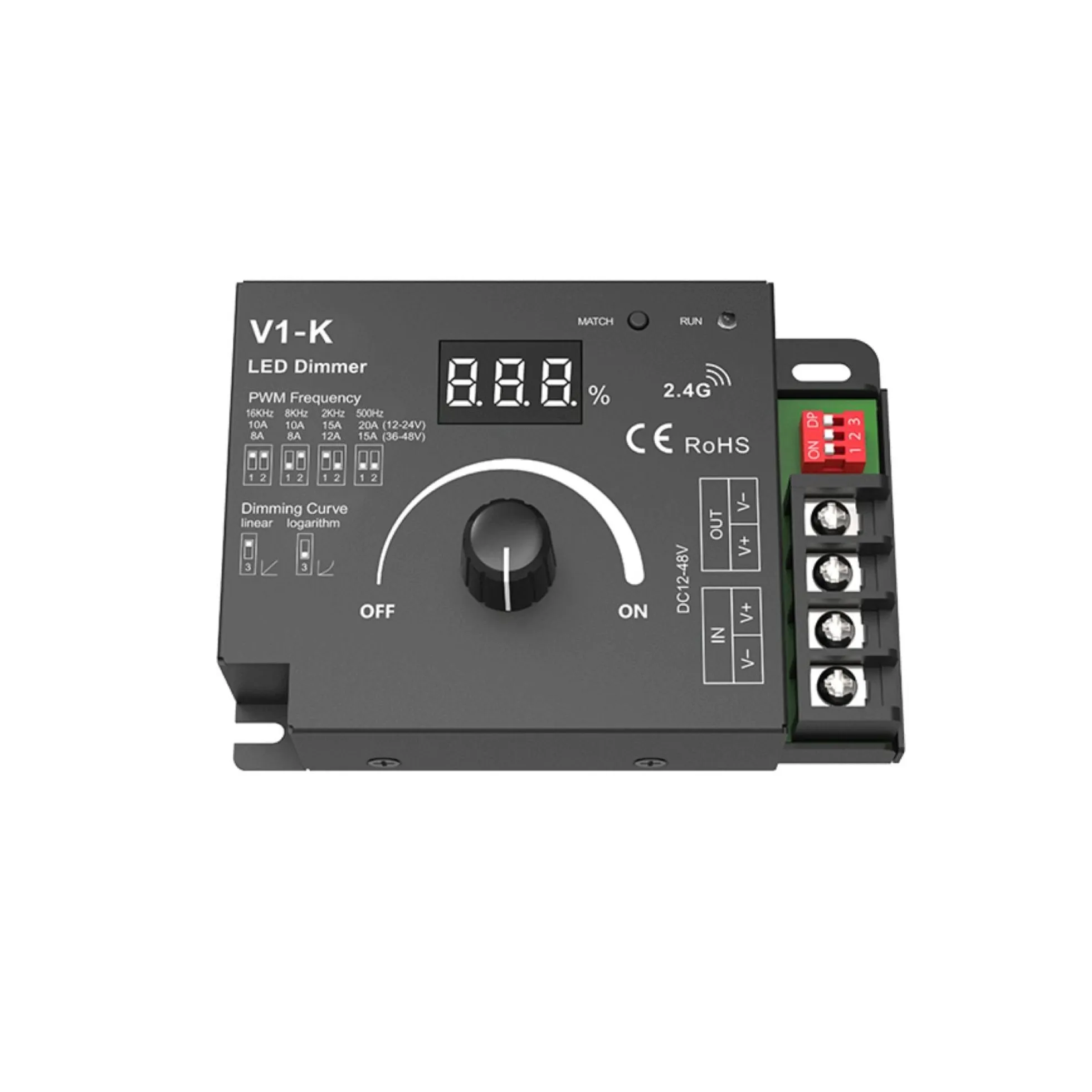 Dimmer manual PMW 12-48V DC - 20A - RF 2.4GHz - Frecuencia y curva de regulación ajustables - Skydance