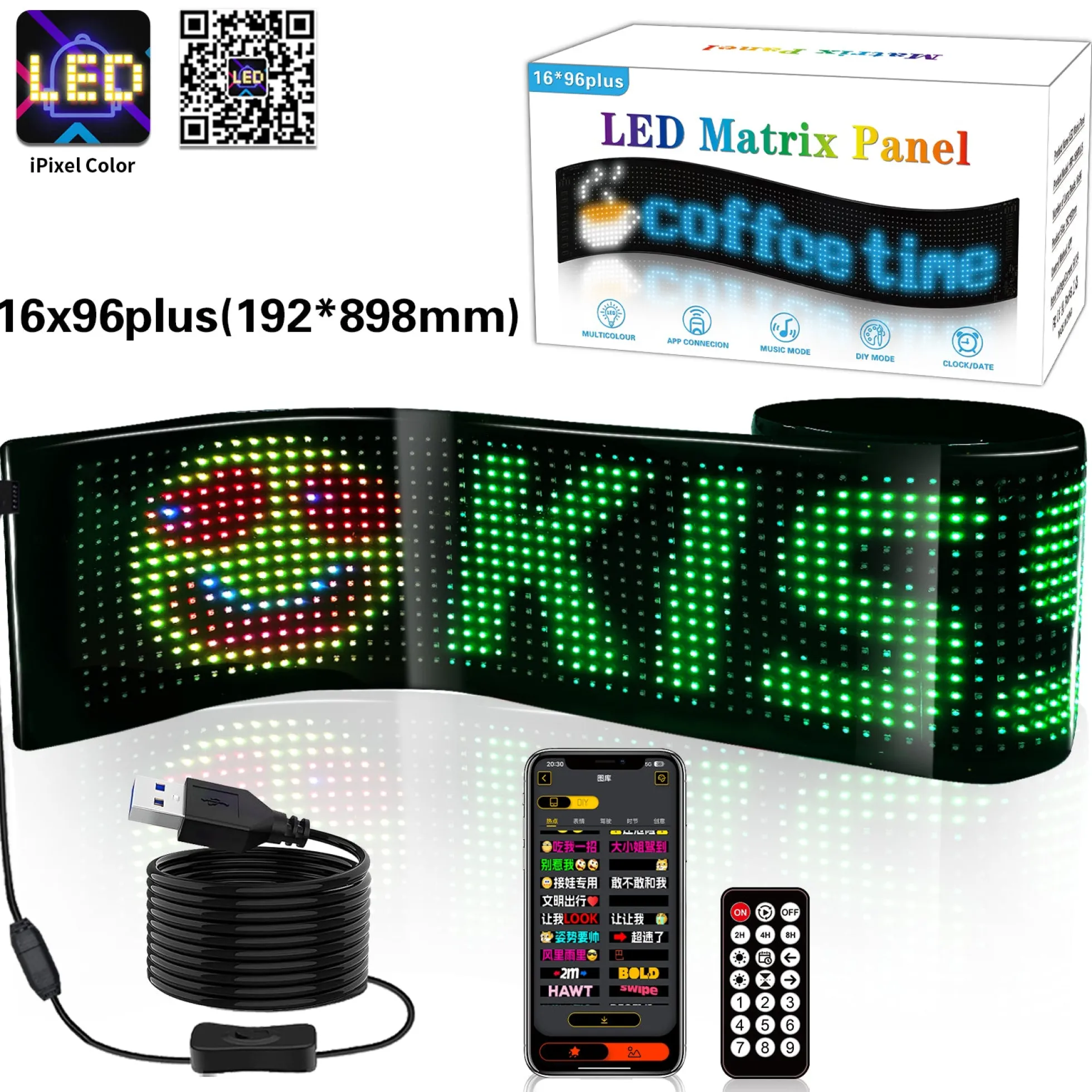 Display LED flexible programable - 89 x 19 cm - USB + Bluetooth + mando a distancia