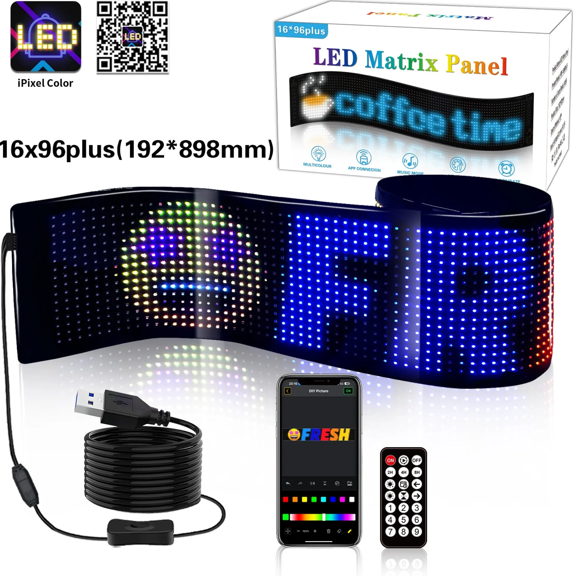 Display LED flexible programable - 89 x 19 cm - USB + Bluetooth + mando a distancia